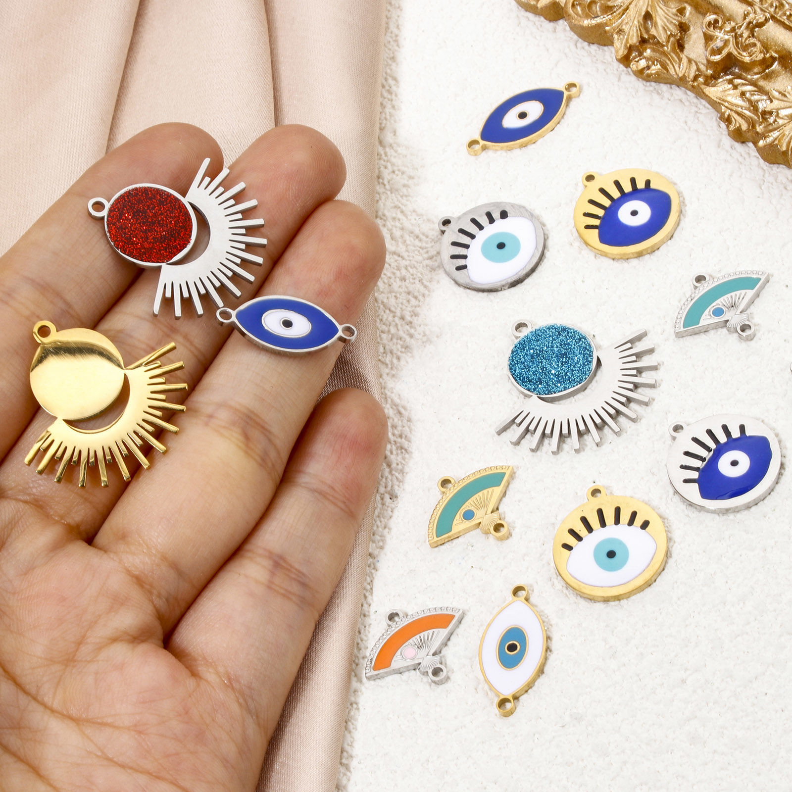 Picture of Eco-friendly 304 Stainless Steel Religious Charms Multicolor Marquise Evil Eye Enamel