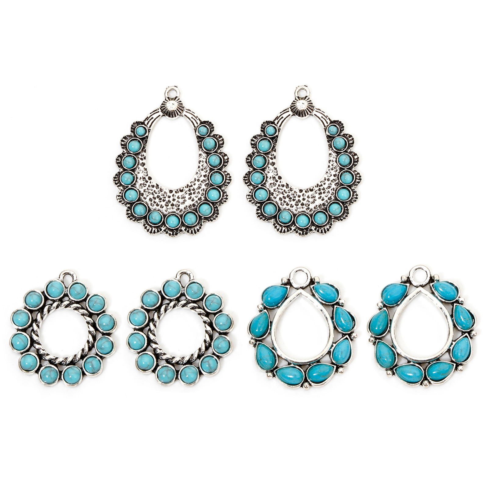 Изображение 2 ШТ Цинковый Сплав Богемный стиль Подвески Античное Серебро Круглые Овальные С Смола Кабошоны, Имитация Бирюзы