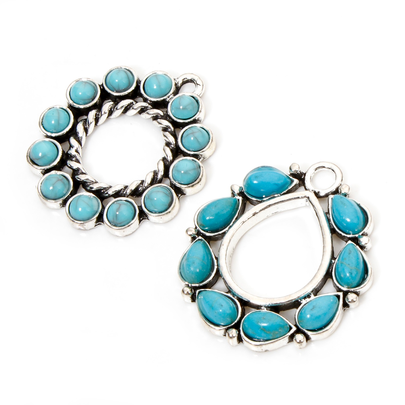 Изображение 2 ШТ Цинковый Сплав Богемный стиль Подвески Античное Серебро Круглые Овальные С Смола Кабошоны, Имитация Бирюзы