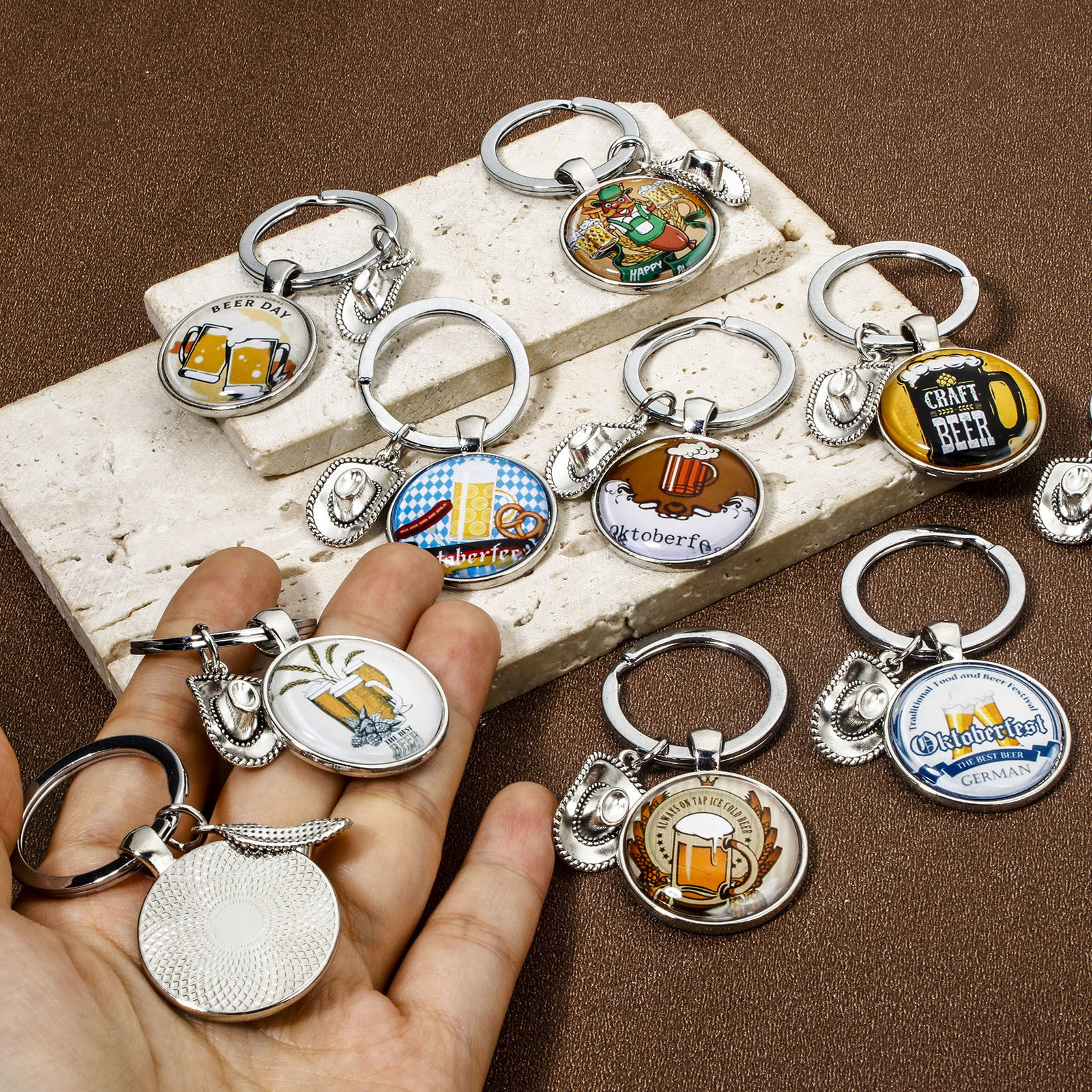 Picture of 304 Stainless Steel & Resin Keychain & Keyring Silver Tone Beer Mug Hat 5.9cm x 2.8cm