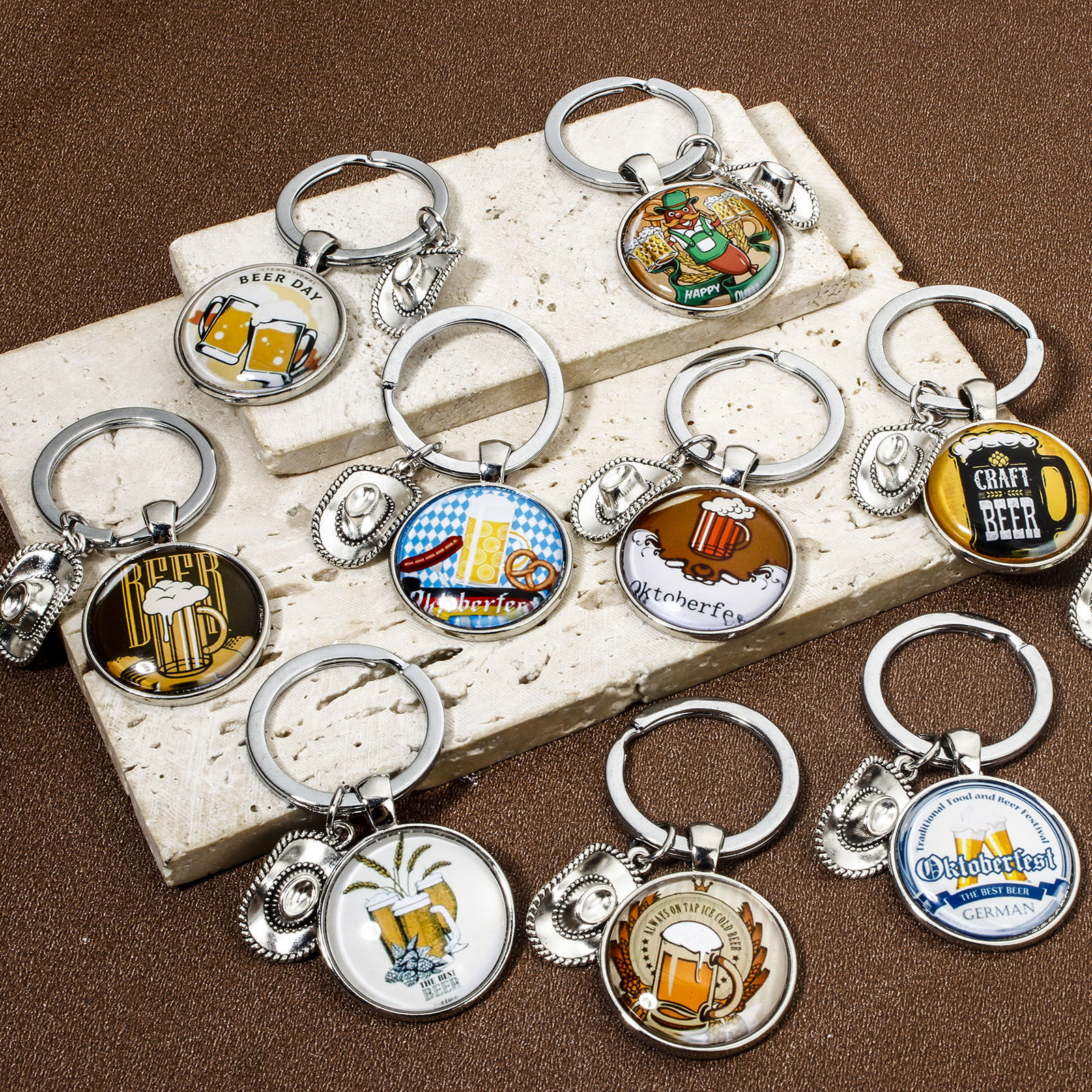 Picture of 304 Stainless Steel & Resin Keychain & Keyring Silver Tone Beer Mug Hat 5.9cm x 2.8cm
