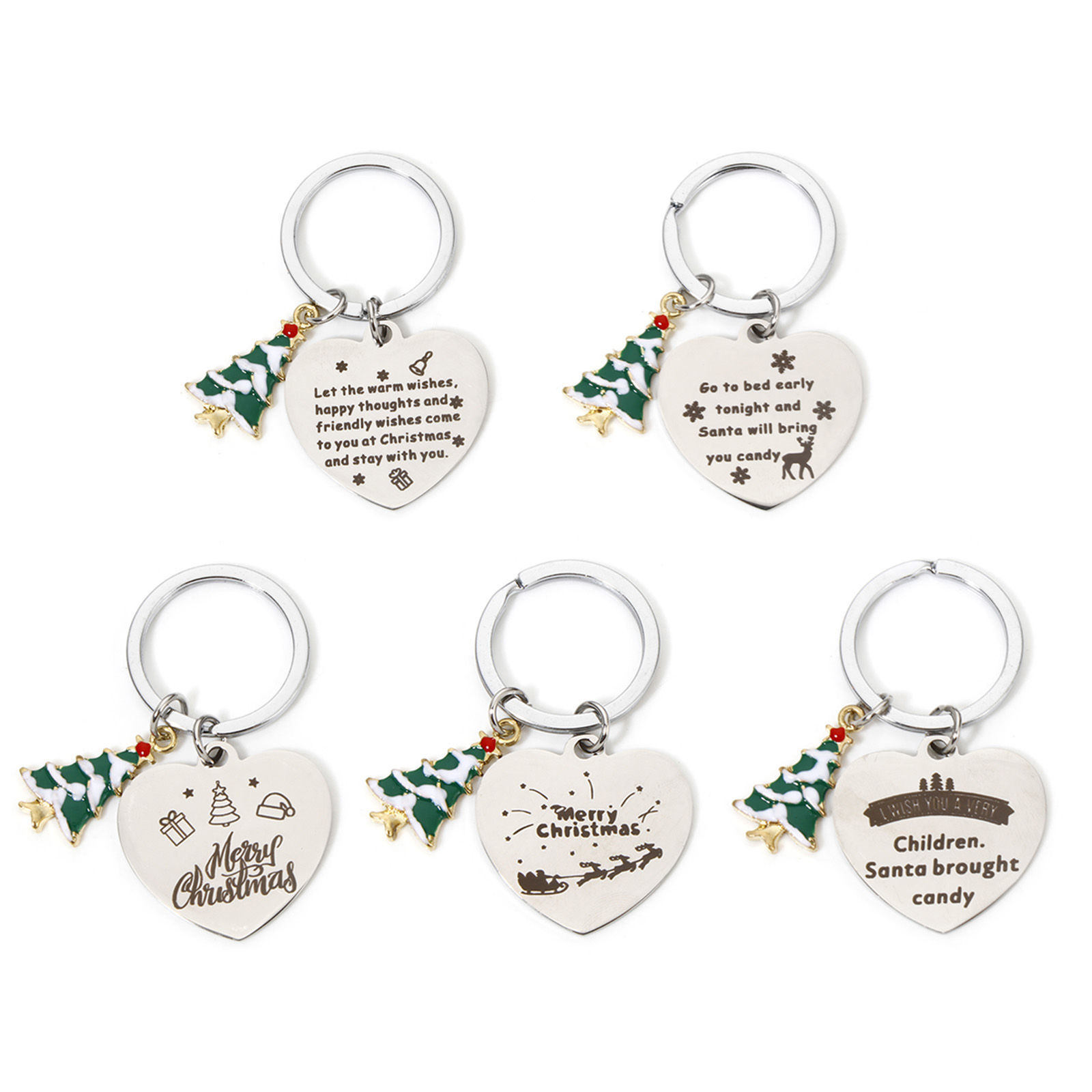 Picture of 304 Stainless Steel Christmas Keychain & Keyring Silver Tone Heart Christmas Tree 6.1cm x 3.3cm