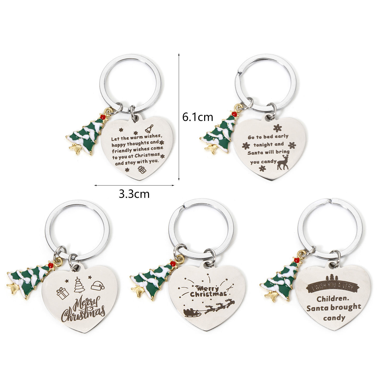 Picture of 304 Stainless Steel Christmas Keychain & Keyring Silver Tone Heart Christmas Tree 6.1cm x 3.3cm