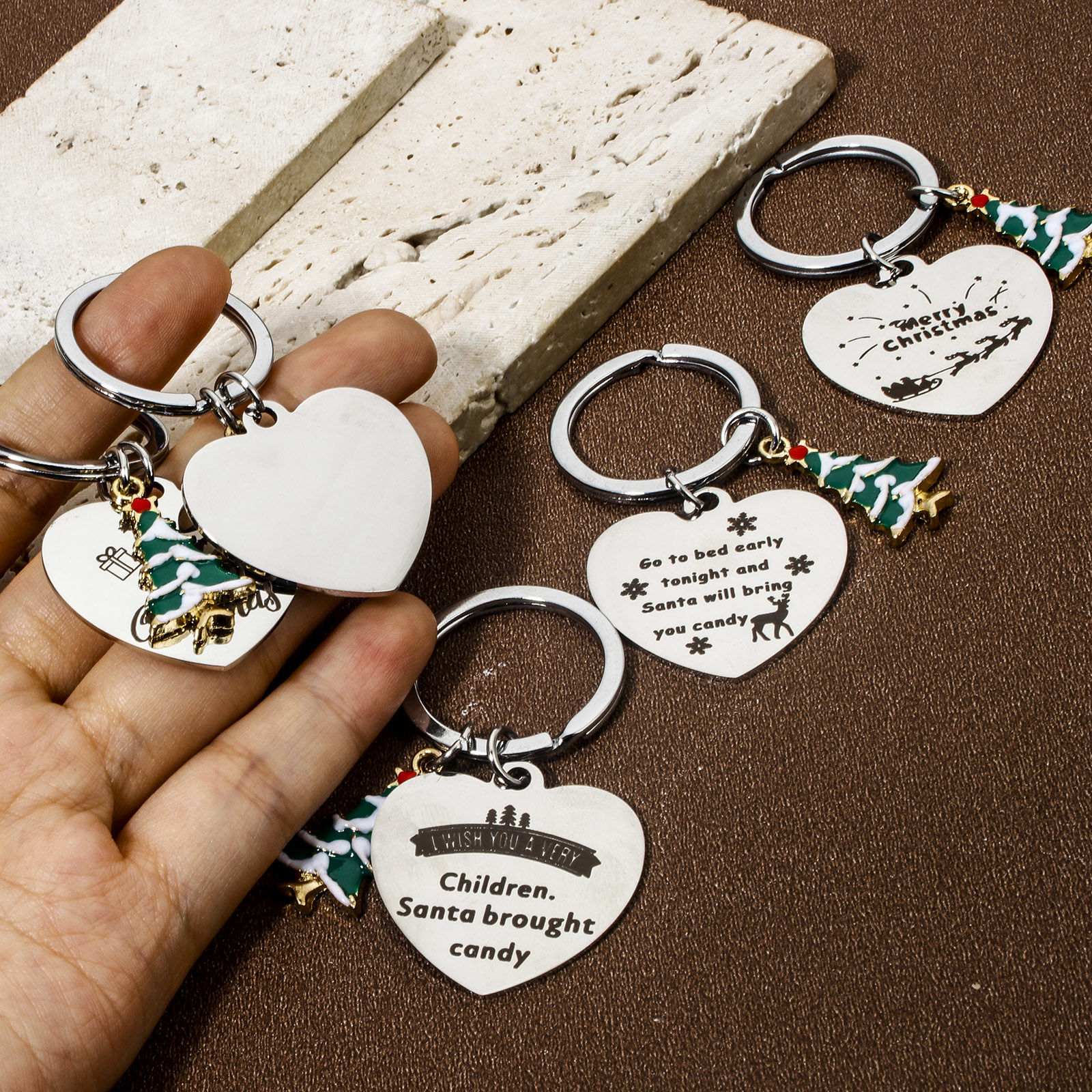 Picture of 304 Stainless Steel Christmas Keychain & Keyring Silver Tone Heart Christmas Tree 6.1cm x 3.3cm