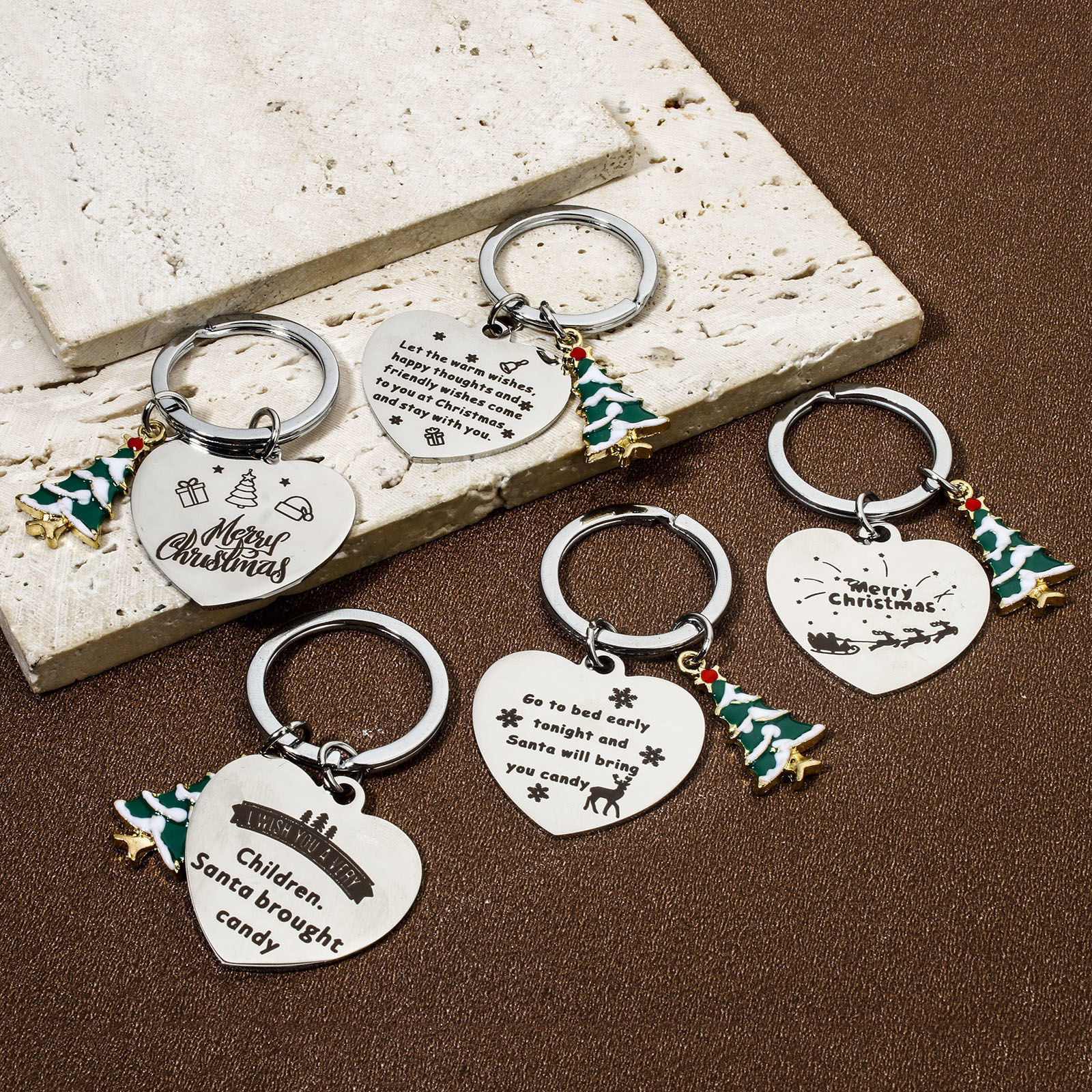 Picture of 304 Stainless Steel Christmas Keychain & Keyring Silver Tone Heart Christmas Tree 6.1cm x 3.3cm