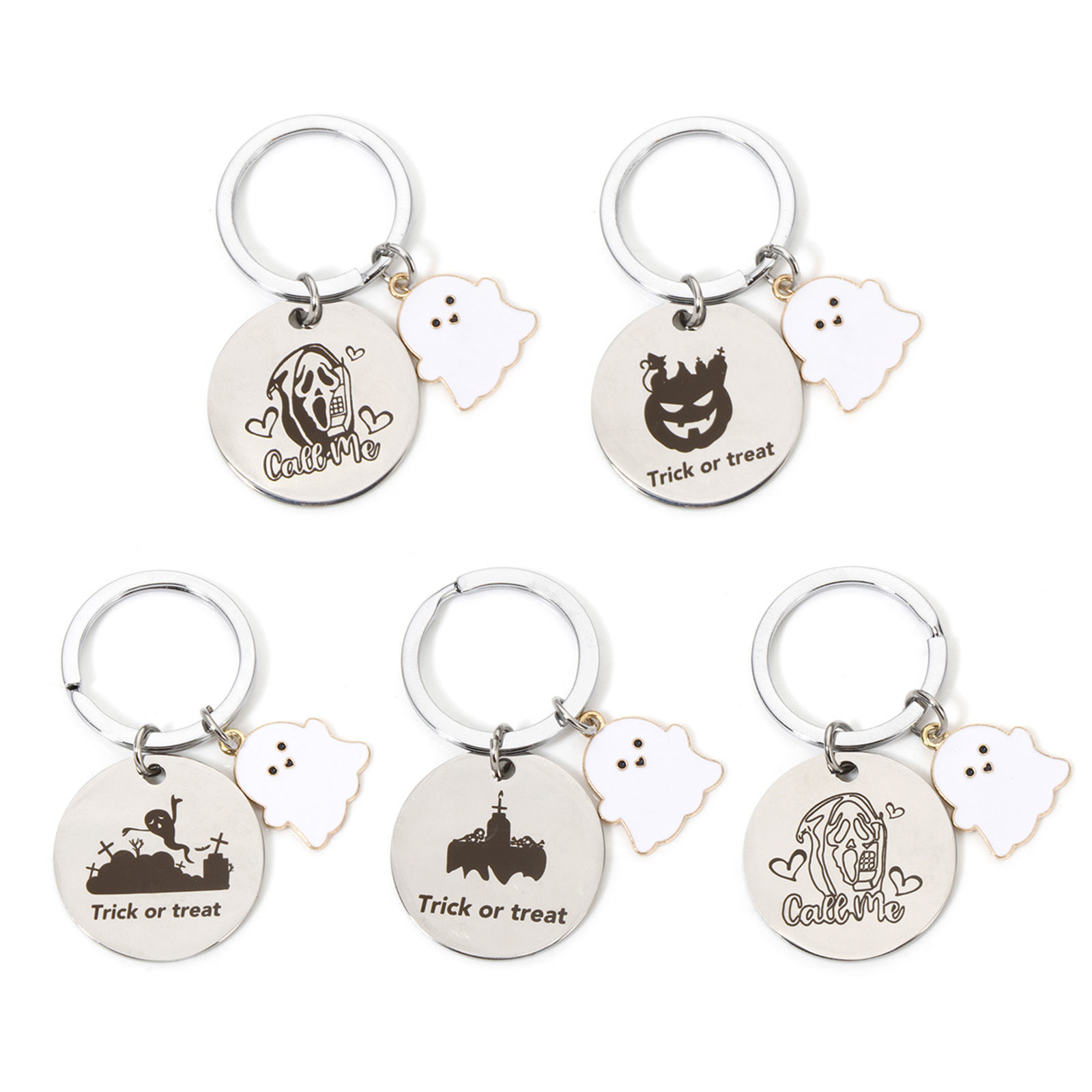 Picture of 304 Stainless Steel Halloween Keychain & Keyring Silver Tone Round Halloween Ghost 6cm x 3cm