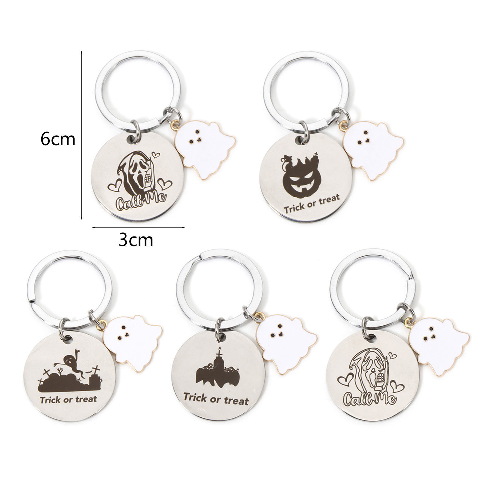 Picture of 304 Stainless Steel Halloween Keychain & Keyring Silver Tone Round Halloween Ghost 6cm x 3cm