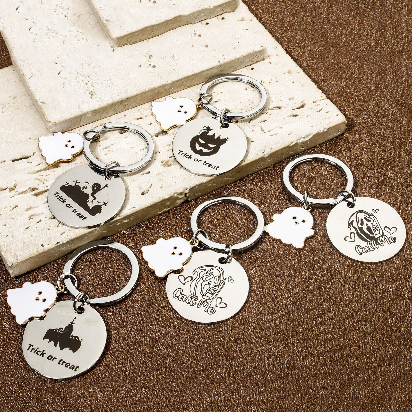 Picture of 304 Stainless Steel Halloween Keychain & Keyring Silver Tone Round Halloween Ghost 6cm x 3cm