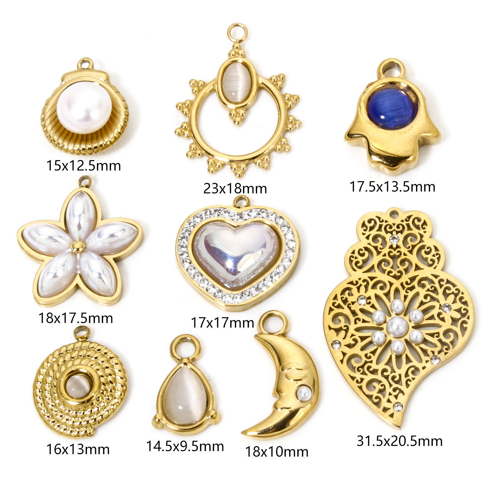 Picture of Vacuum Plating 304 Stainless Steel Style Of Royal Court Character Charms Gold Plated Heart Filigree Shell Imitation Pearl