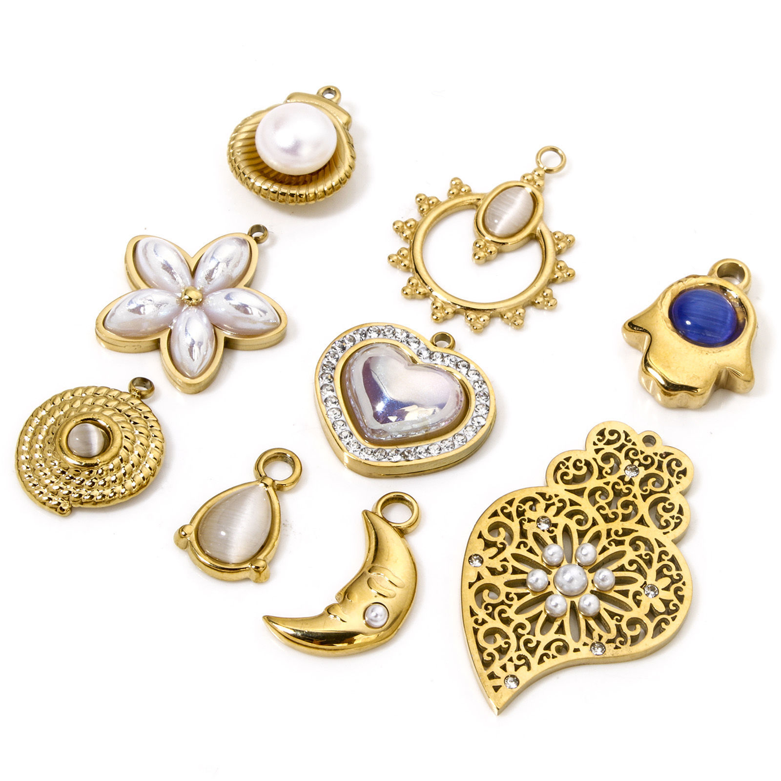 Picture of Vacuum Plating 304 Stainless Steel Style Of Royal Court Character Charms Gold Plated Heart Filigree Shell Imitation Pearl