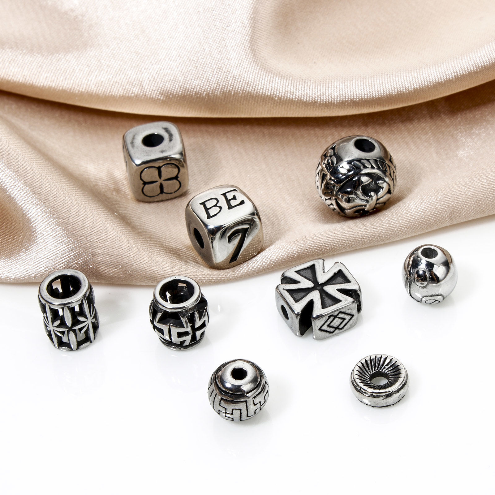 Picture of 304 Stainless Steel Beads For DIY Jewelry Making Antique Silver Color Carved Pattern