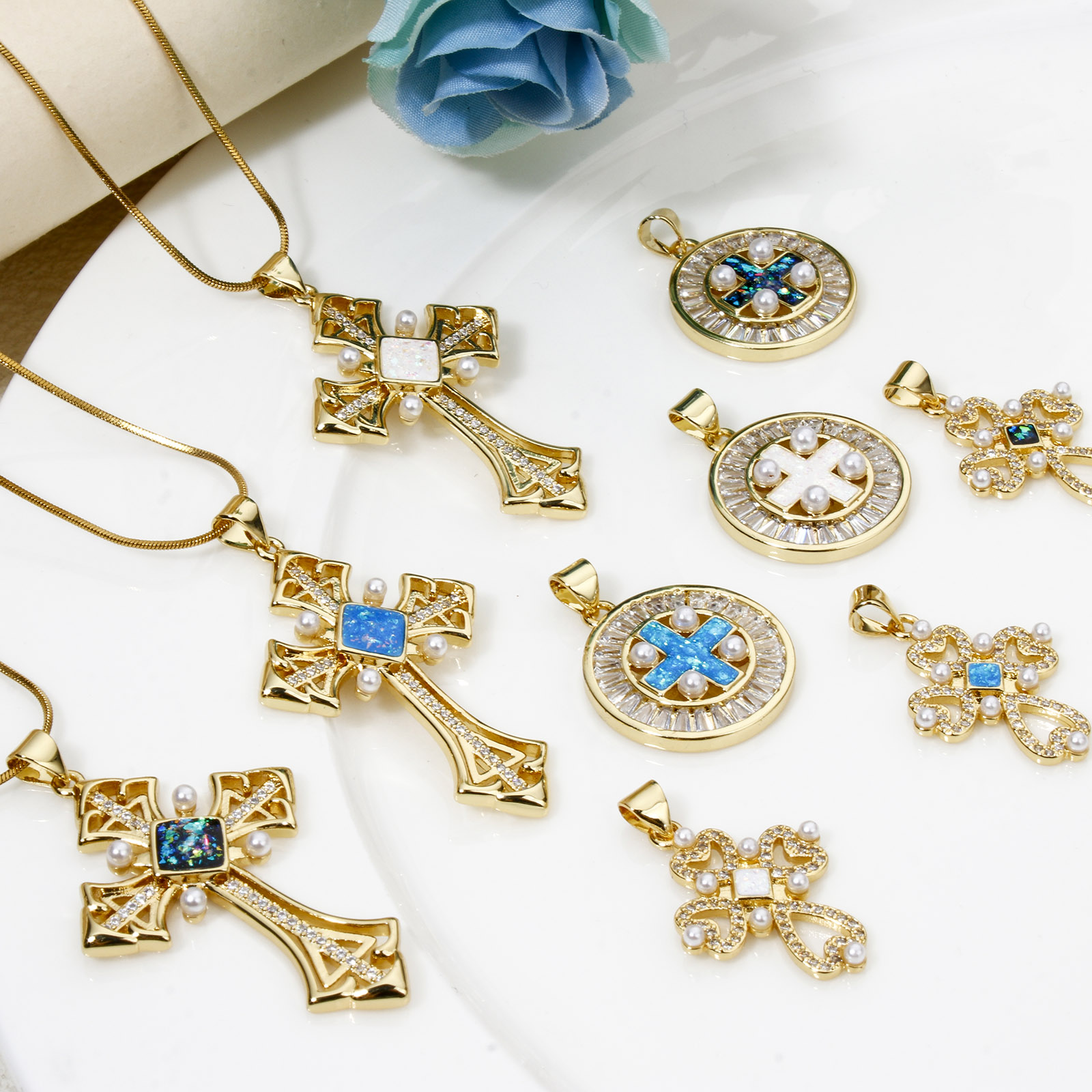 Immagine di 1 Pz Ottone Religione Ciondoli Pendenti Placcato Oro 18K Opale Imitazione
