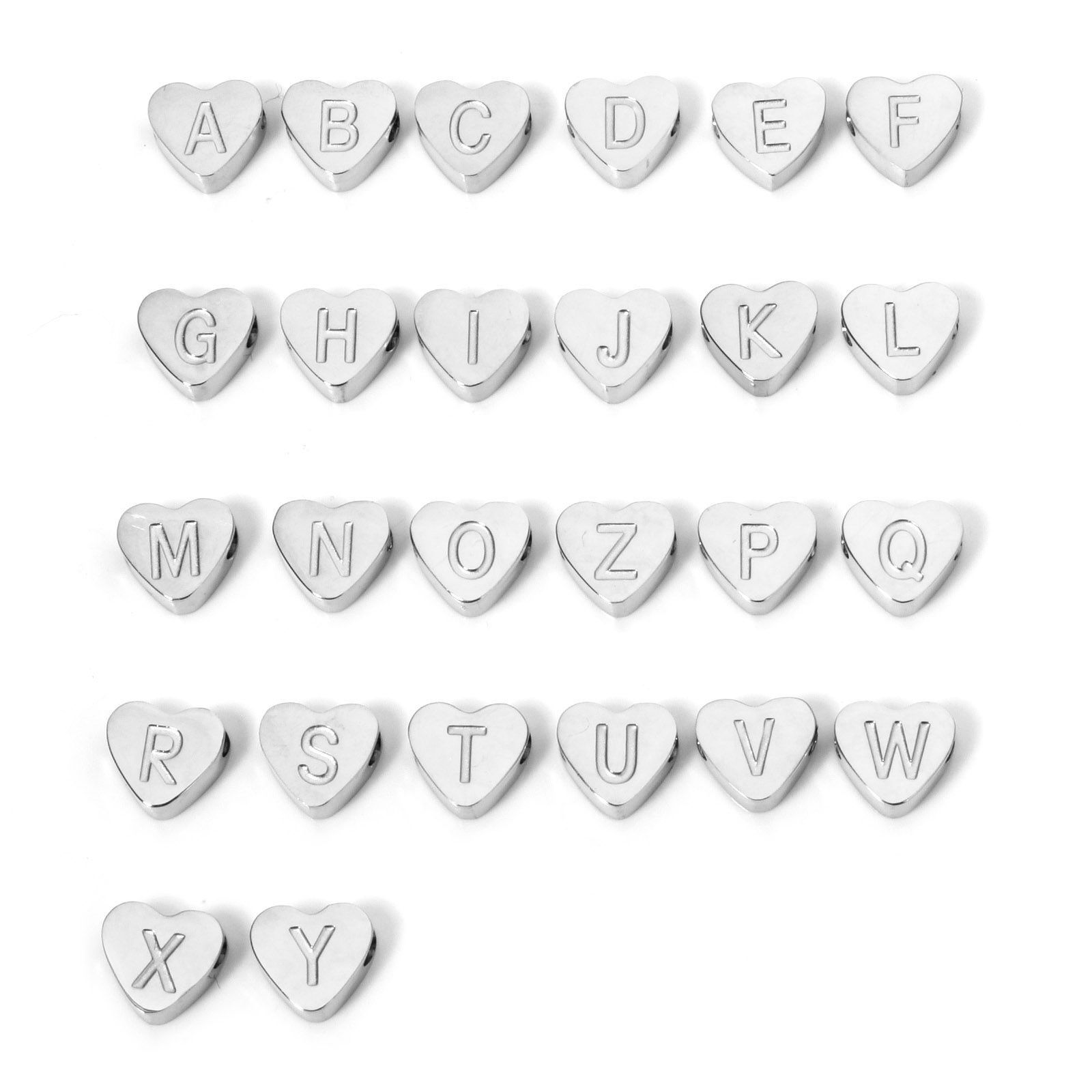 Picture of 304 Stainless Steel Valentine's Day Beads For DIY Jewelry Making Heart Silver Tone Capital Alphabet Initial Letter Message " A-Z " 8mm x 7mm, Hole: Approx 2mm