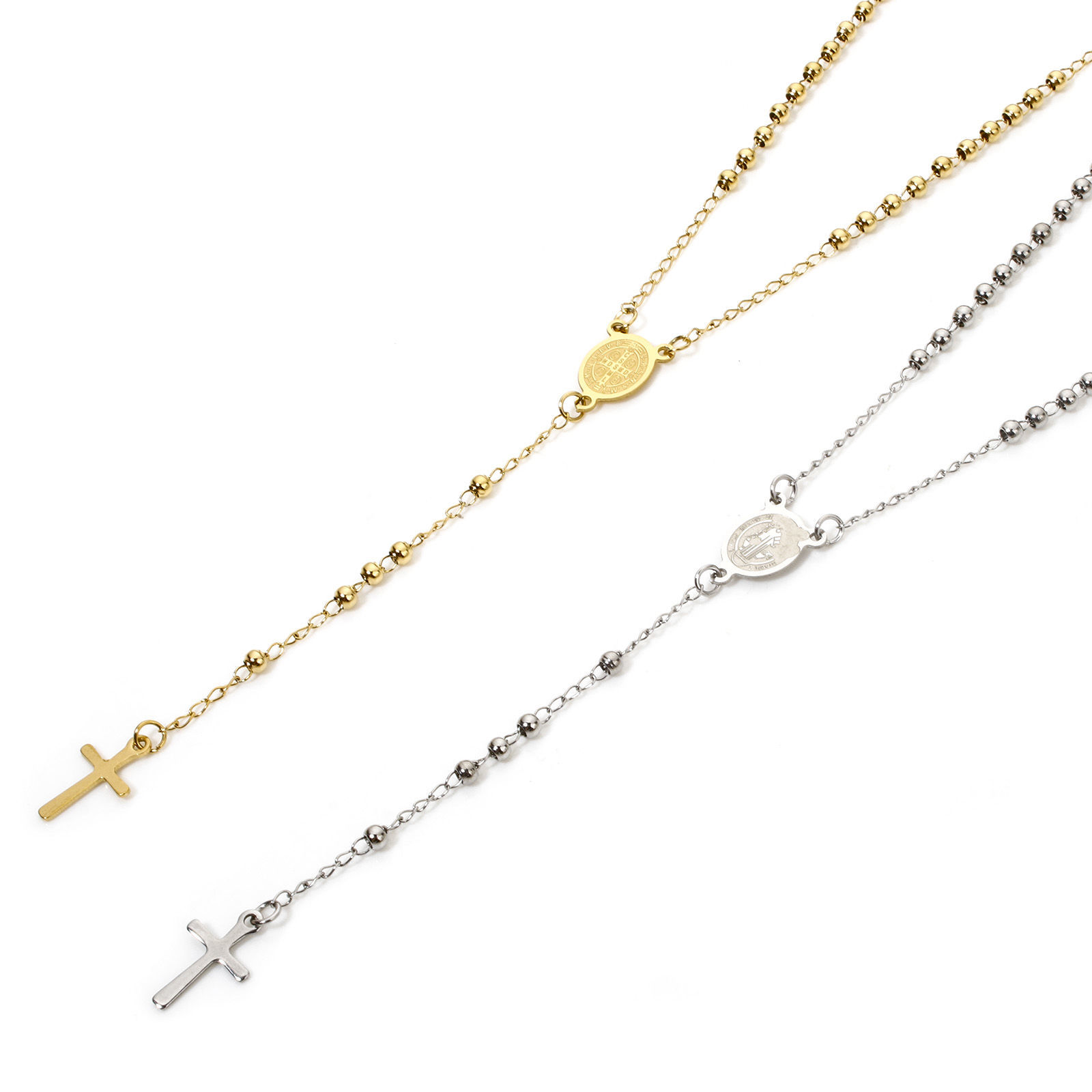 Imagen de 1 Unidad 304 Acero Inoxidable Collar de Rosario de Cuentas de Oración Cruz Medalla de San Benito 52cm longitud