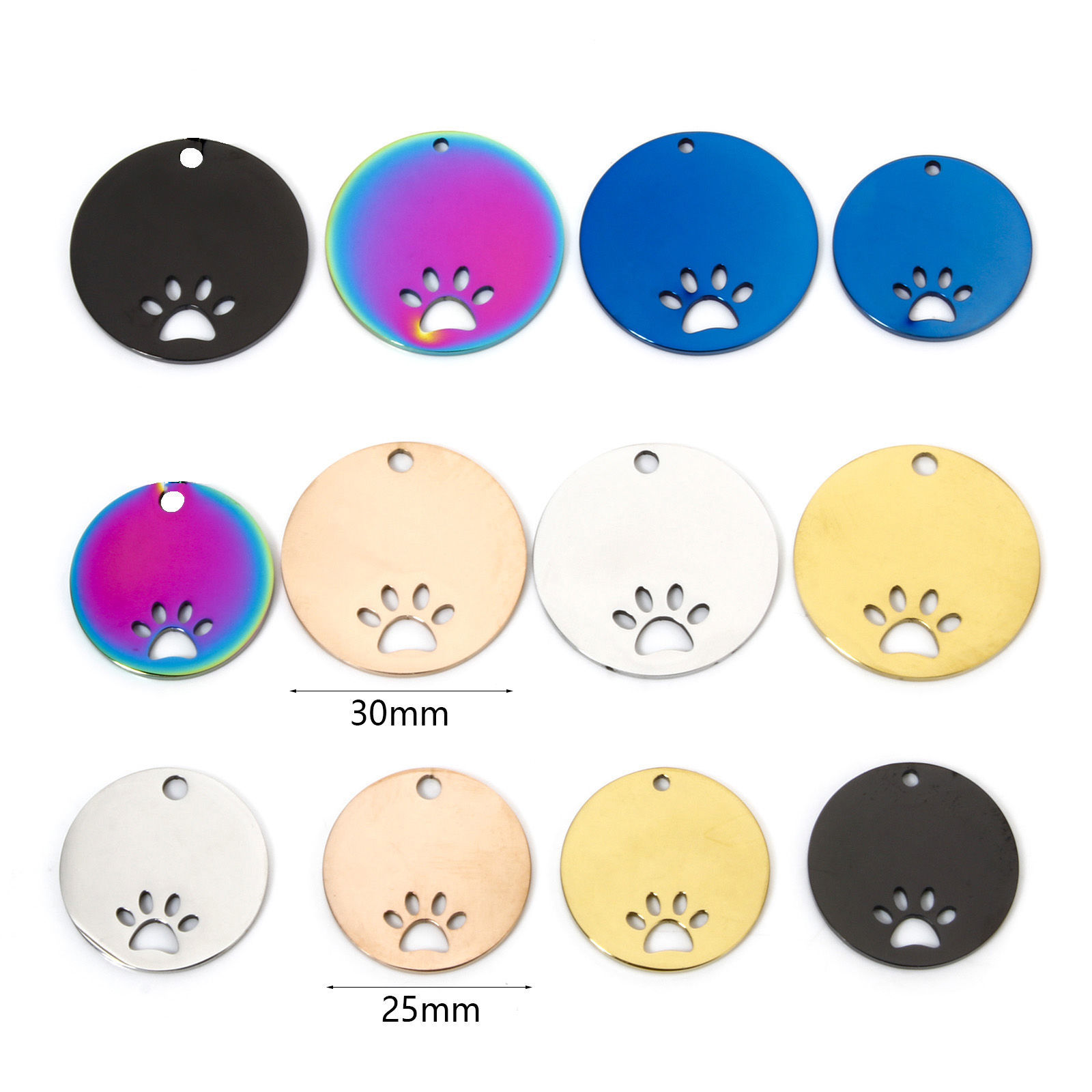 Image de 2 Pcs BreloquesÉtiquettes d'Estampage Vierges Étiquette de Nom pour Collier de Chien Identification d'Animal de Compagnie en 304 Acier Inoxydable Rond Empreinte de Patte Multicolore Polissage Double Face