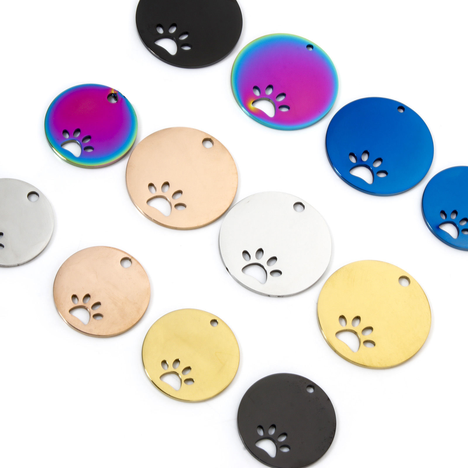 Image de 2 Pcs BreloquesÉtiquettes d'Estampage Vierges Étiquette de Nom pour Collier de Chien Identification d'Animal de Compagnie en 304 Acier Inoxydable Rond Empreinte de Patte Multicolore Polissage Double Face
