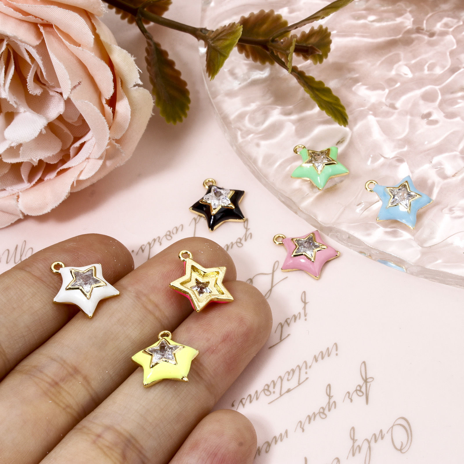 Picture of Brass Charms 18K Gold Plated Multicolor Pentagram Star Enamel Clear Rhinestone 13mm x 12mm