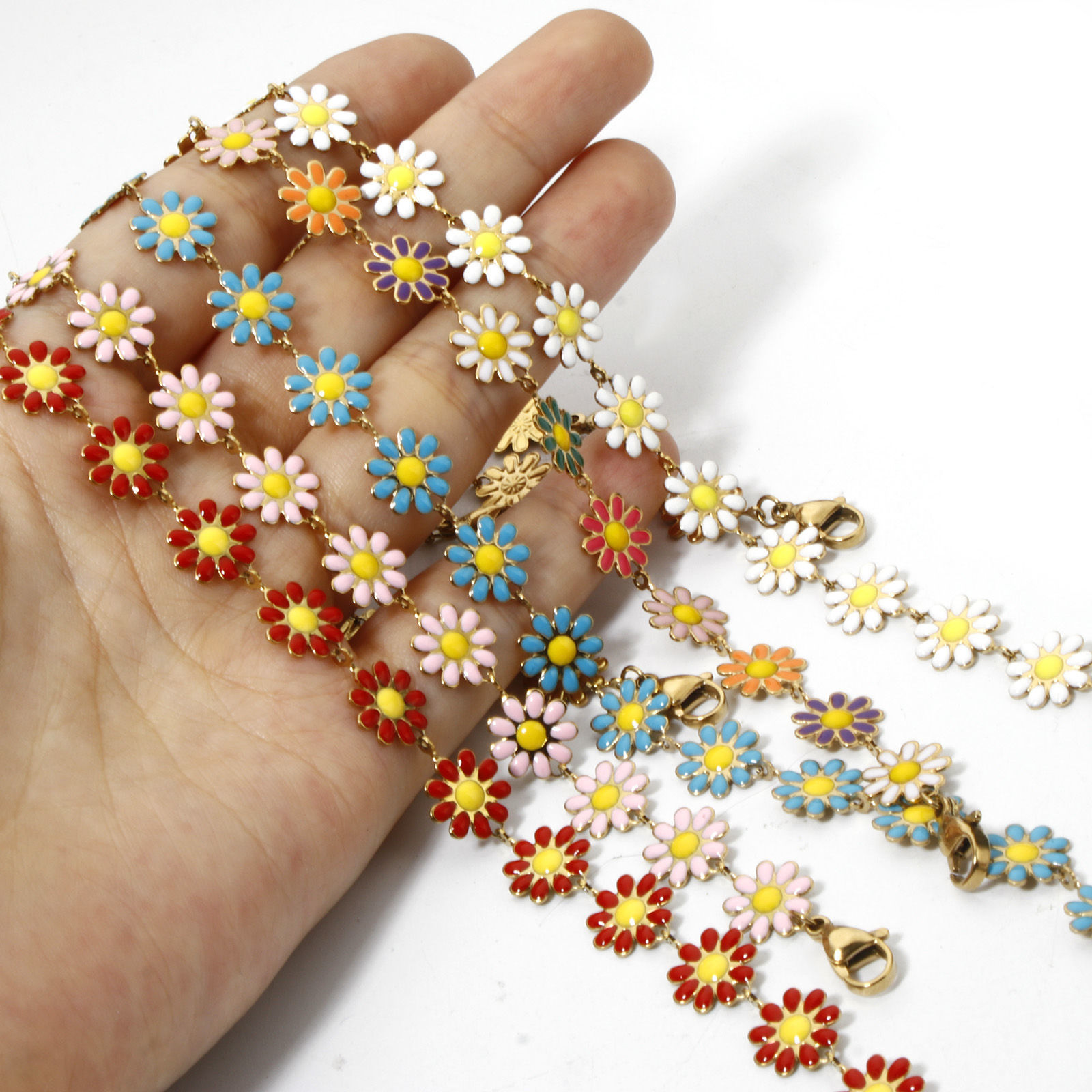 Picture of 1 Piece Vacuum Plating 304 Stainless Steel Hat Cap Decoration Chain 18K Gold Plated Multicolor Daisy Flower Enamel 26cm(10 2/8") long
