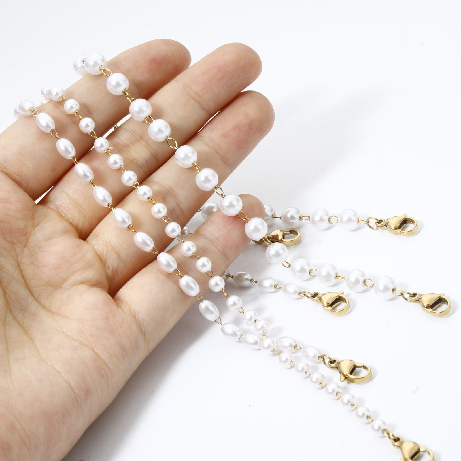 Picture of 1 Piece Vacuum Plating 304 Stainless Steel Hat Cap Decoration Chain 18K Gold Plated White Imitation Pearl 25cm(9 7/8") long