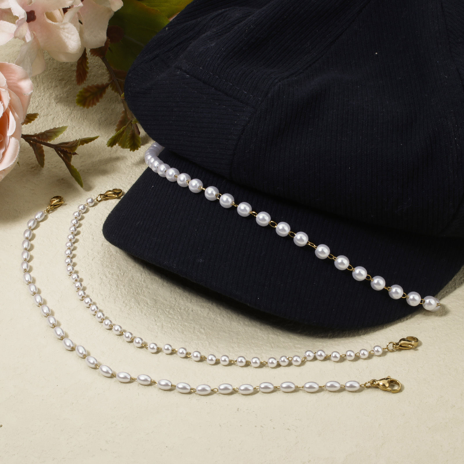 Picture of 1 Piece Vacuum Plating 304 Stainless Steel Hat Cap Decoration Chain 18K Gold Plated White Imitation Pearl 25cm(9 7/8") long
