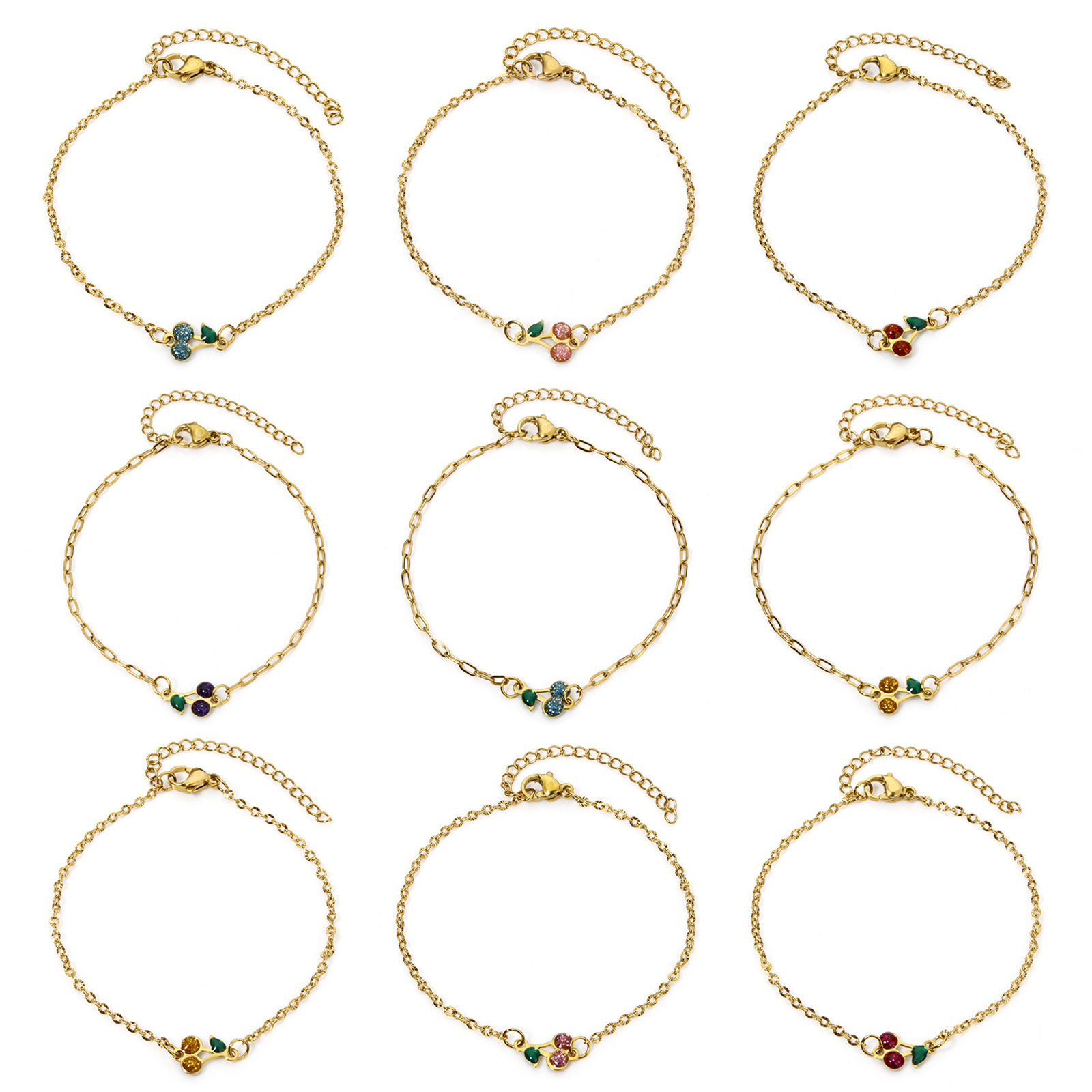 Imagen de 1 Unidad Enchapado al Vacío 304 Acero Inoxidable Lentejuelas Esmaltadas Cable Cadena Cruz Pulseras Chapado en Oro de 18K Multicolor Cereza Brillo 17cm longitud
