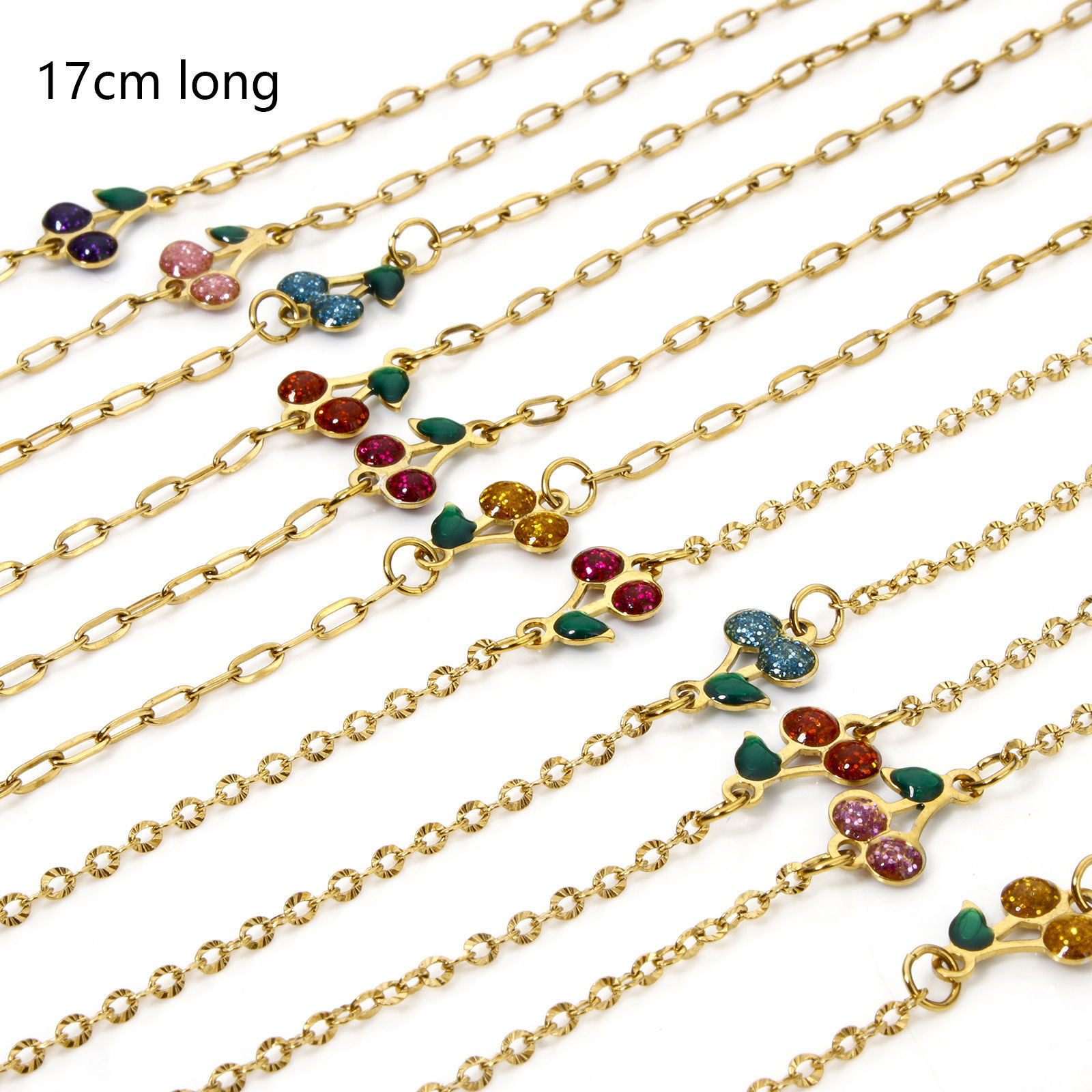 Imagen de 1 Unidad Enchapado al Vacío 304 Acero Inoxidable Lentejuelas Esmaltadas Cable Cadena Cruz Pulseras Chapado en Oro de 18K Multicolor Cereza Brillo 17cm longitud