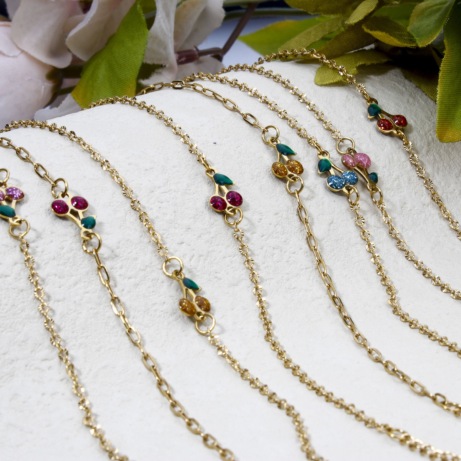 Imagen de 1 Unidad Enchapado al Vacío 304 Acero Inoxidable Lentejuelas Esmaltadas Cable Cadena Cruz Pulseras Chapado en Oro de 18K Multicolor Cereza Brillo 17cm longitud