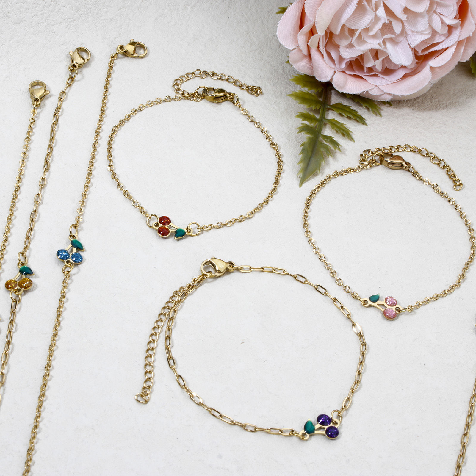 Imagen de 1 Unidad Enchapado al Vacío 304 Acero Inoxidable Lentejuelas Esmaltadas Cable Cadena Cruz Pulseras Chapado en Oro de 18K Multicolor Cereza Brillo 17cm longitud