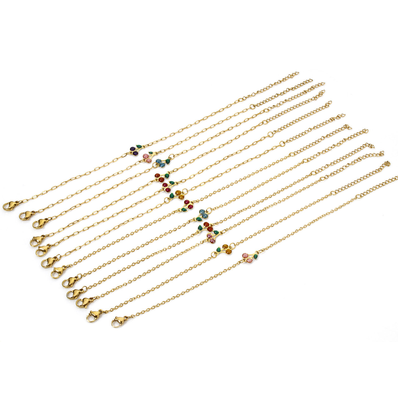 Imagen de 1 Unidad Enchapado al Vacío 304 Acero Inoxidable Lentejuelas Esmaltadas Cable Cadena Cruz Pulseras Chapado en Oro de 18K Multicolor Cereza Brillo 17cm longitud