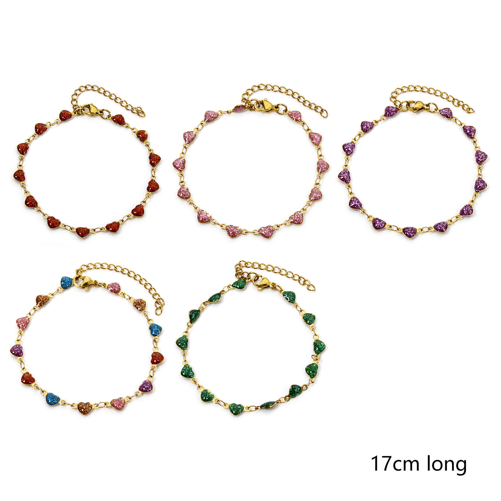 Picture of Vacuum Plating 304 Stainless Steel Enamelled Sequins Handmade Link Chain Bracelets 18K Gold Plated Multicolor Heart Glitter 17cm(6.7") long