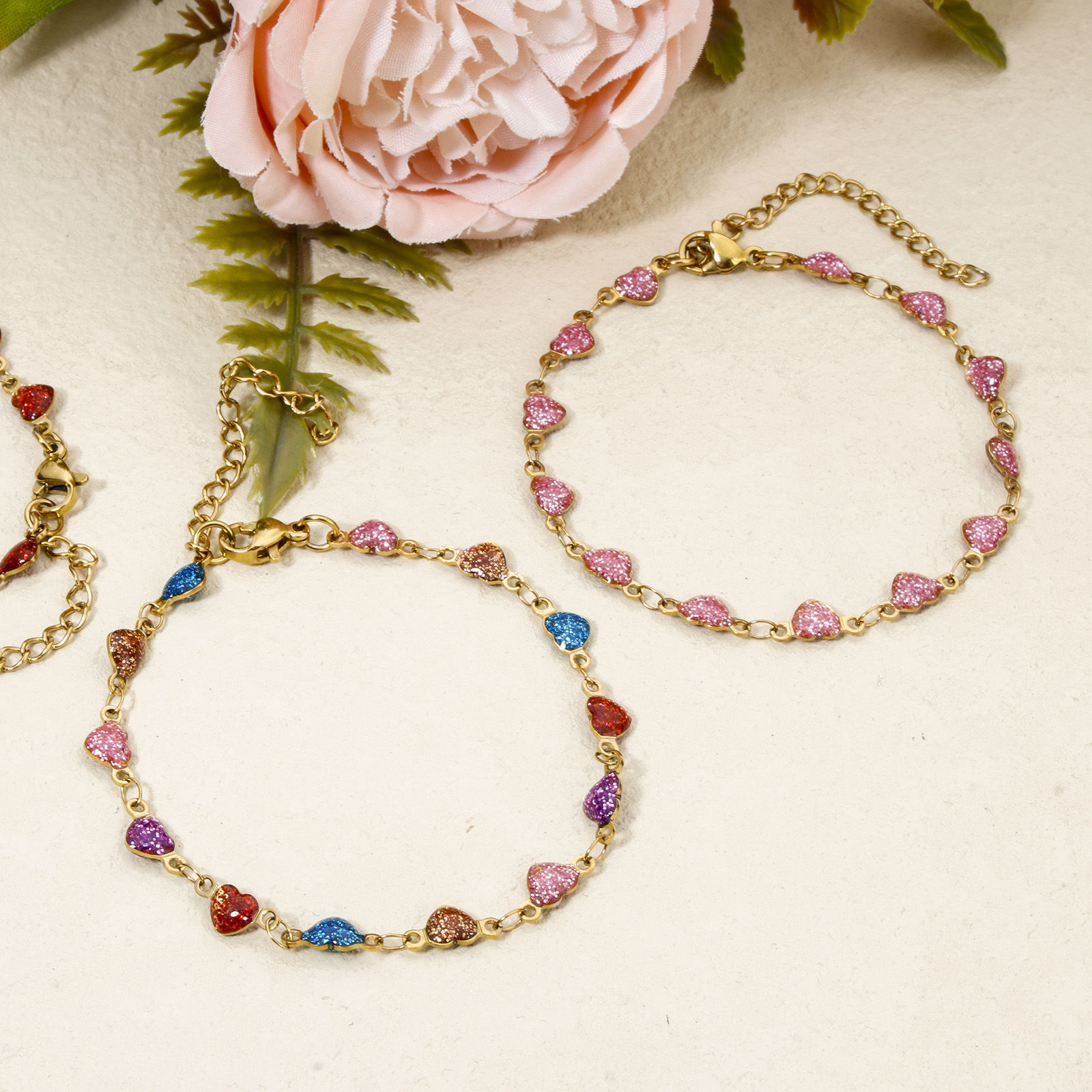 Picture of Vacuum Plating 304 Stainless Steel Enamelled Sequins Handmade Link Chain Bracelets 18K Gold Plated Multicolor Heart Glitter 17cm(6.7") long