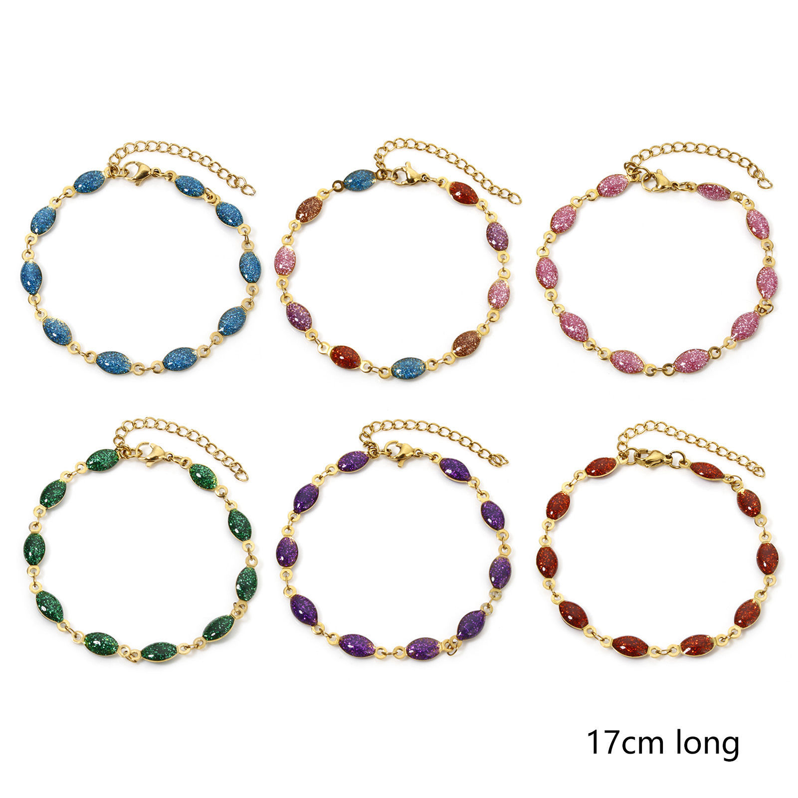 Picture of Vacuum Plating 304 Stainless Steel Enamelled Sequins Handmade Link Chain Bracelets 18K Gold Plated Multicolor Marquise Glitter 17cm(6.7") long