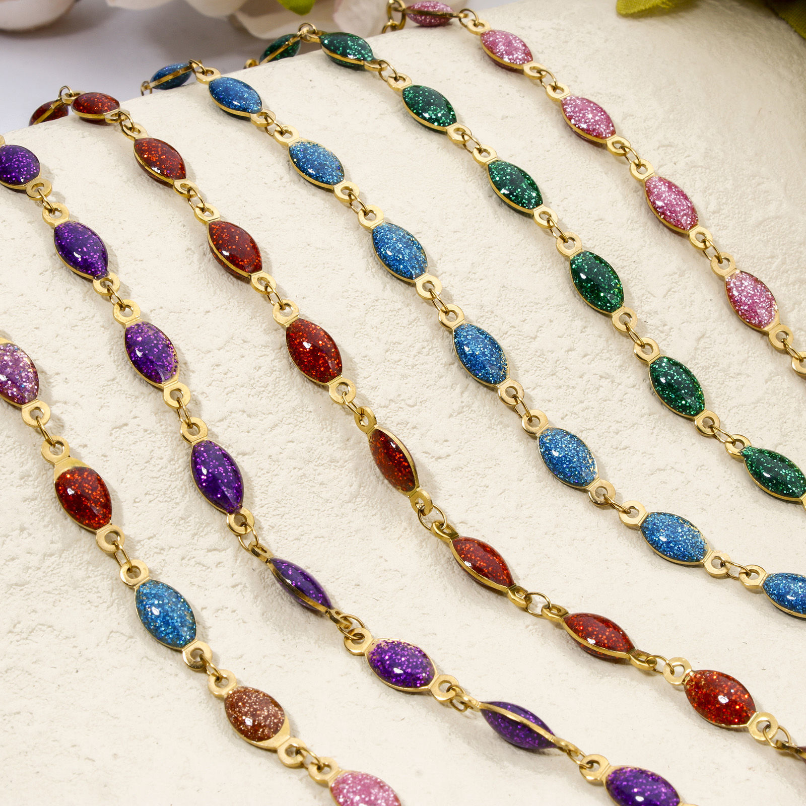 Picture of Vacuum Plating 304 Stainless Steel Enamelled Sequins Handmade Link Chain Bracelets 18K Gold Plated Multicolor Marquise Glitter 17cm(6.7") long