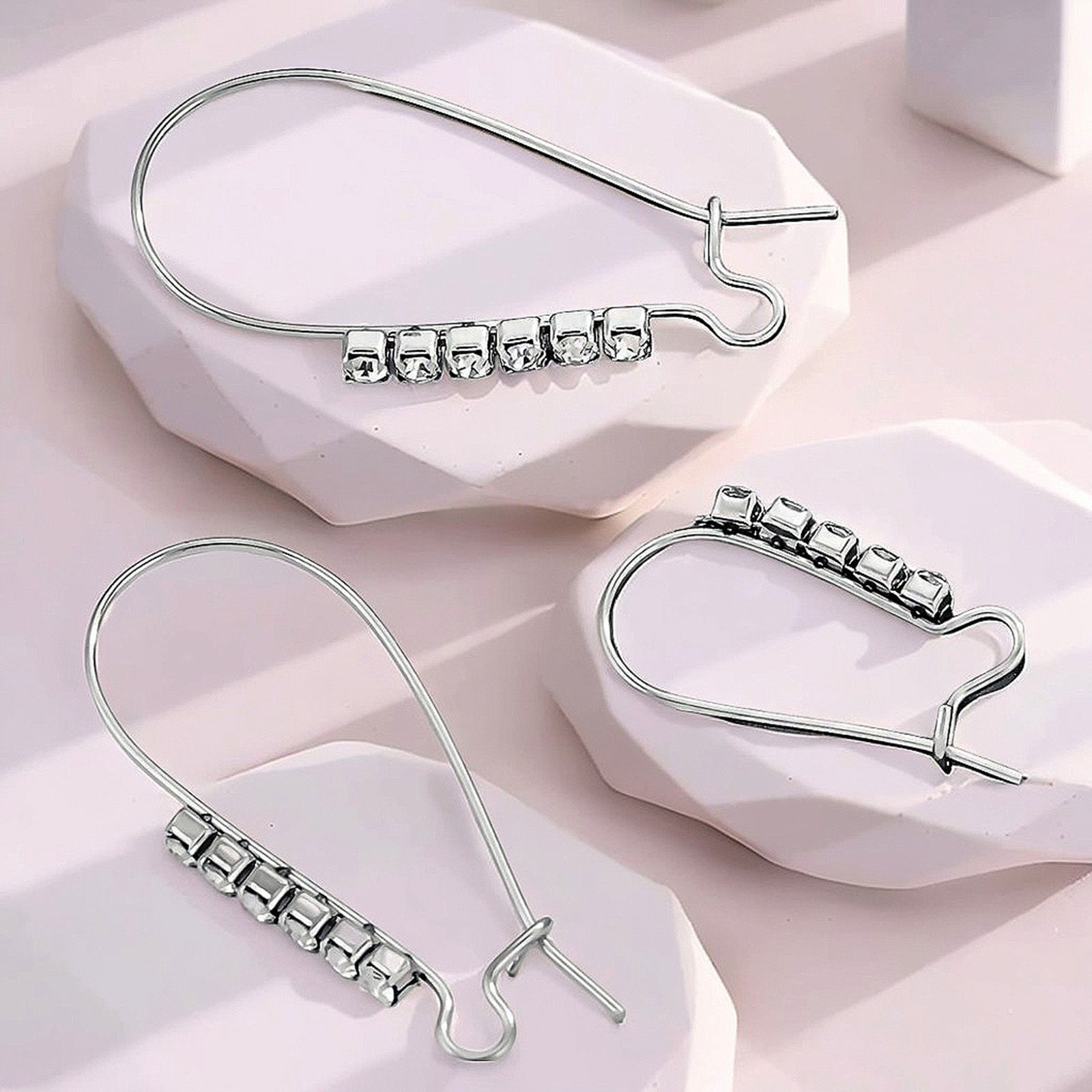 Bild von 2 Stück 304 Edelstahl Ohrhaken-Ohrringe für DIY-Schmuckherstellungszubehör Bogen Silberfarbe Transparent Strass