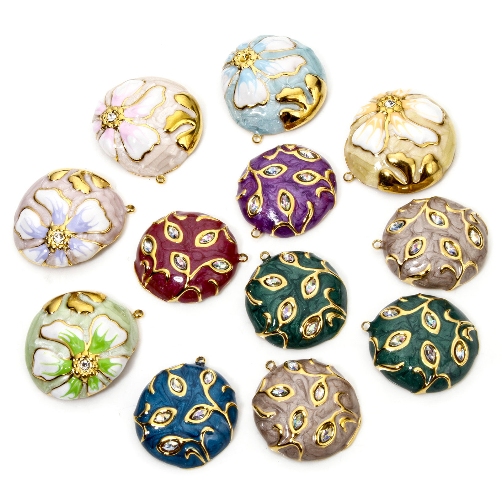 Picture of Eco-friendly Vacuum Plating 304 Stainless Steel & Rhinestone Flora Collection Charmes Gold Plated Round Disc Enamel