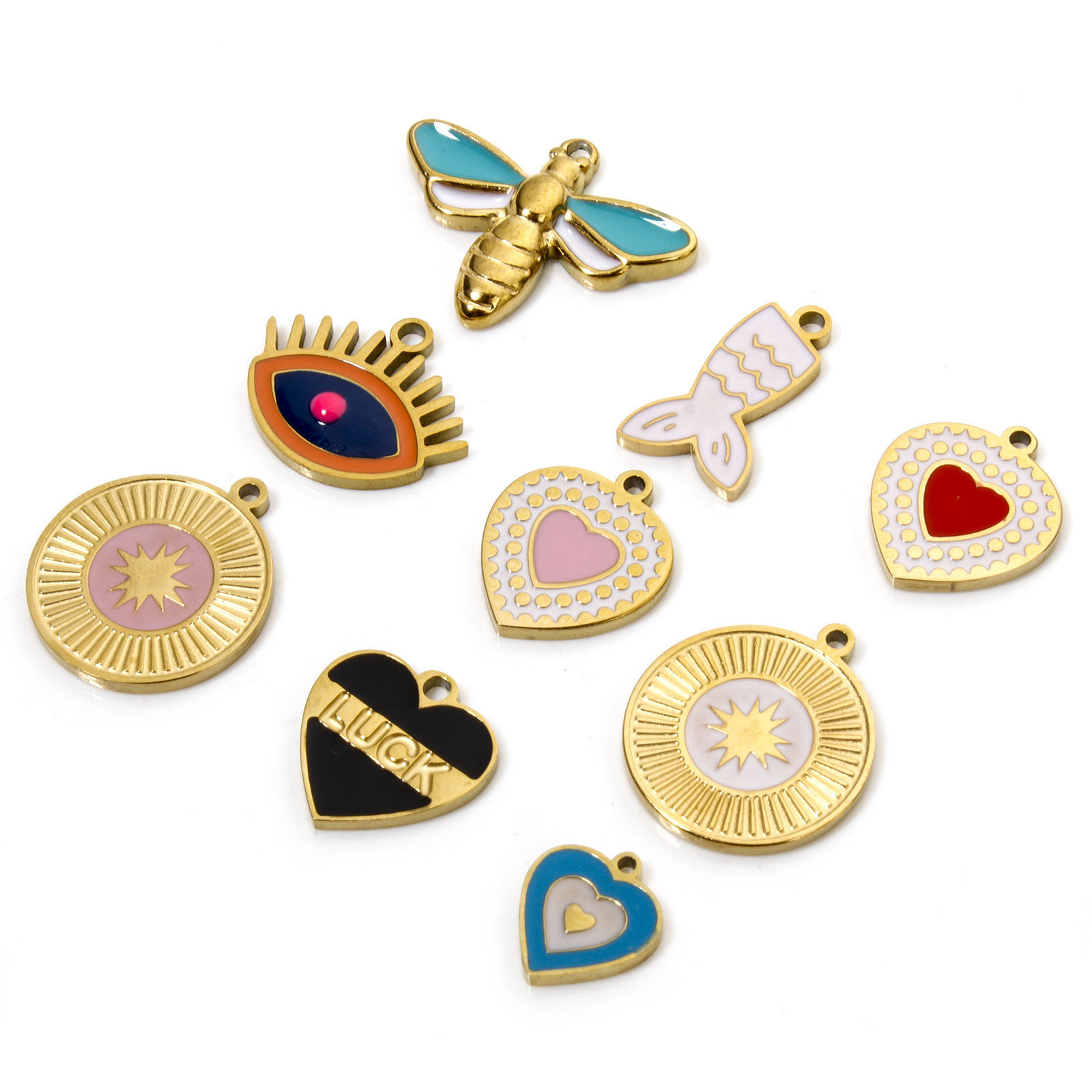 Picture of Eco-friendly Vacuum Plating 304 Stainless Steel Charmes Gold Plated Heart Bee Enamel