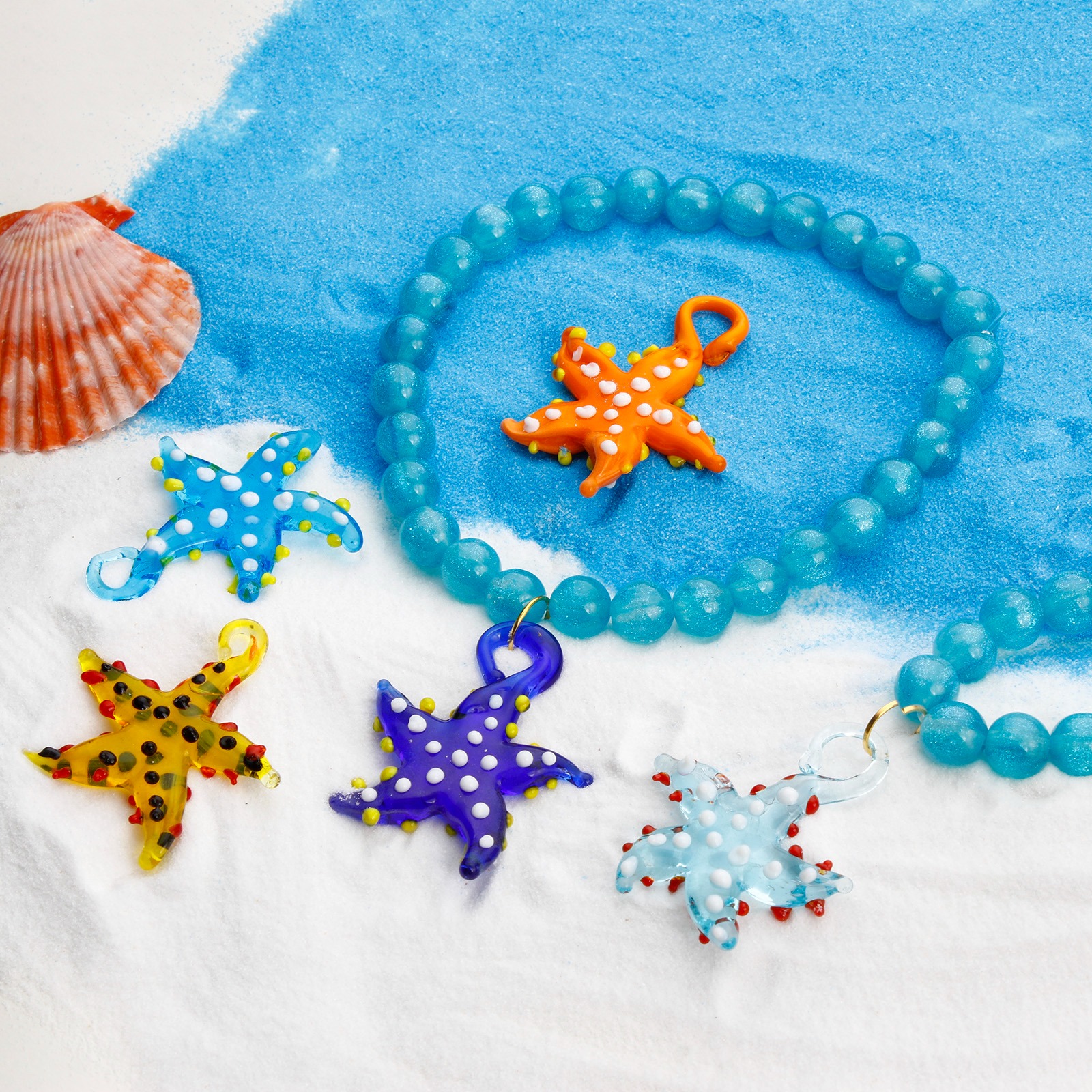 Imagen de 2 Unidades Vidrio Murano Joyería del océano de Colgantes Estrella de mar , Multicolor y Punto 3.8cm x 3.4cm