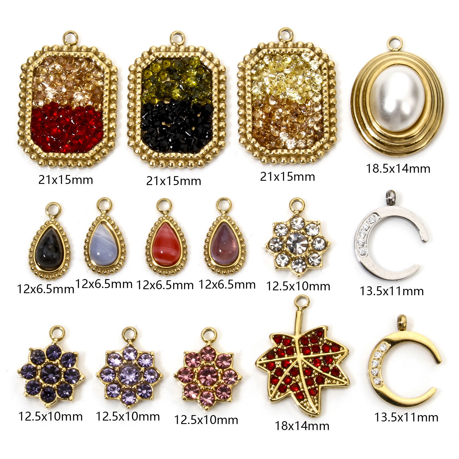 Picture of Eco-friendly Vacuum Plating 304 Stainless Steel Charmes Gold Plated Maple Leaf Moon Multicolour Cubic Zirconia