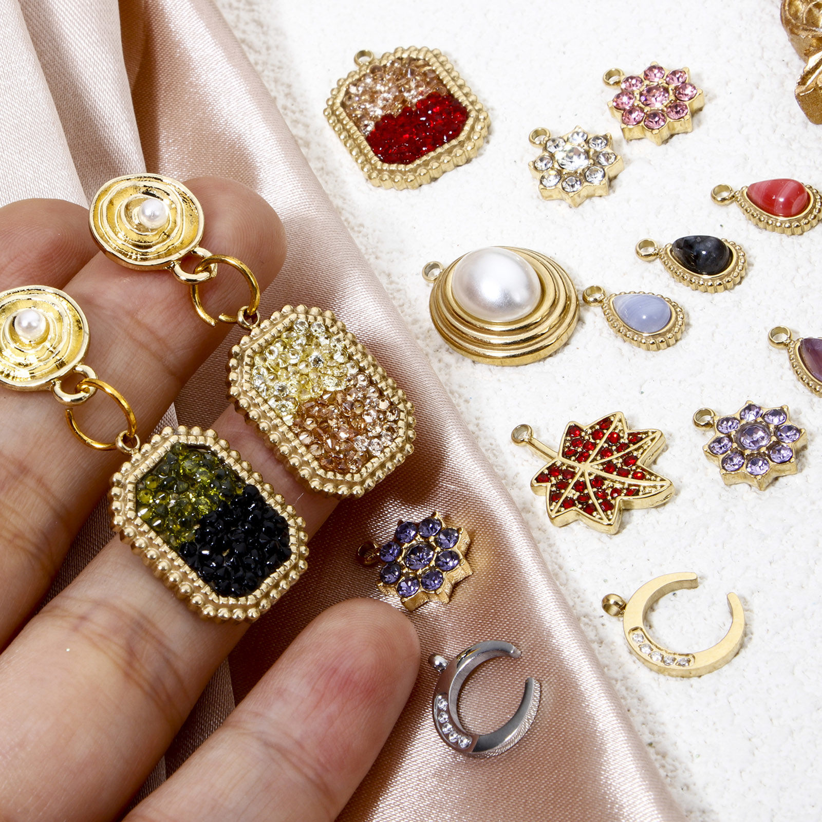 Picture of Eco-friendly Vacuum Plating 304 Stainless Steel Charmes Gold Plated Maple Leaf Moon Multicolour Cubic Zirconia