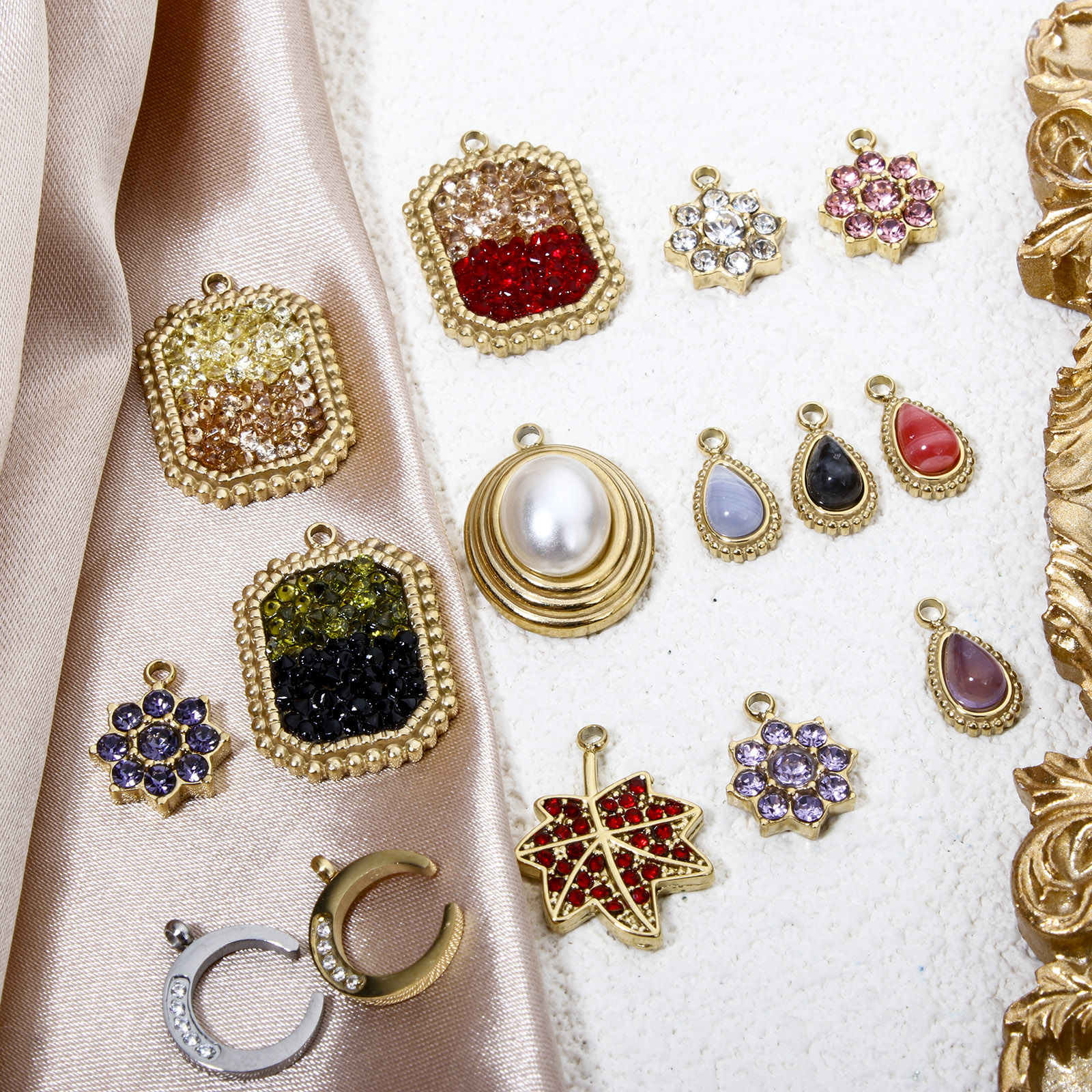 Picture of Eco-friendly Vacuum Plating 304 Stainless Steel Charmes Gold Plated Maple Leaf Moon Multicolour Cubic Zirconia