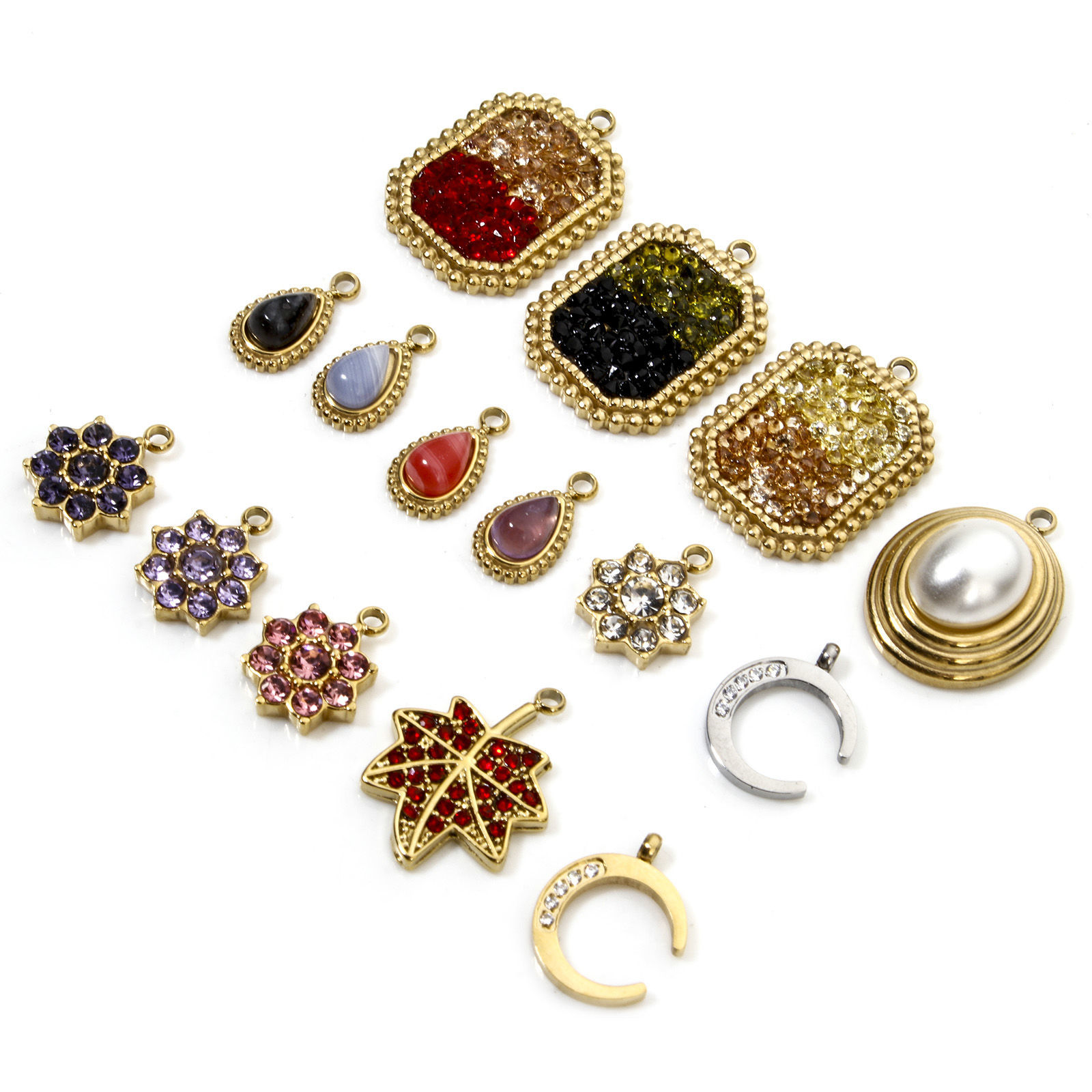 Picture of Eco-friendly Vacuum Plating 304 Stainless Steel Charmes Gold Plated Maple Leaf Moon Multicolour Cubic Zirconia