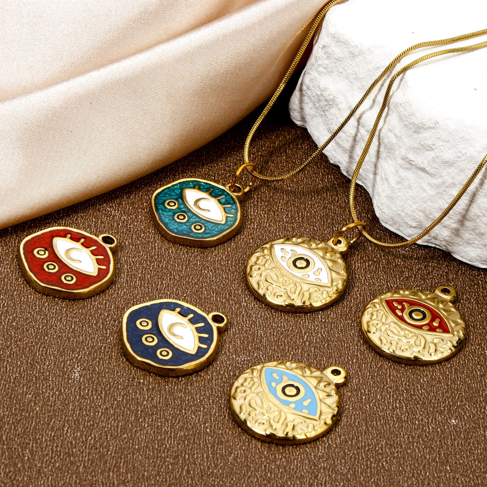 Picture of Eco-friendly Vacuum Plating 304 Stainless Steel Religious Charmes Gold Plated Round Evil Eye Enamel