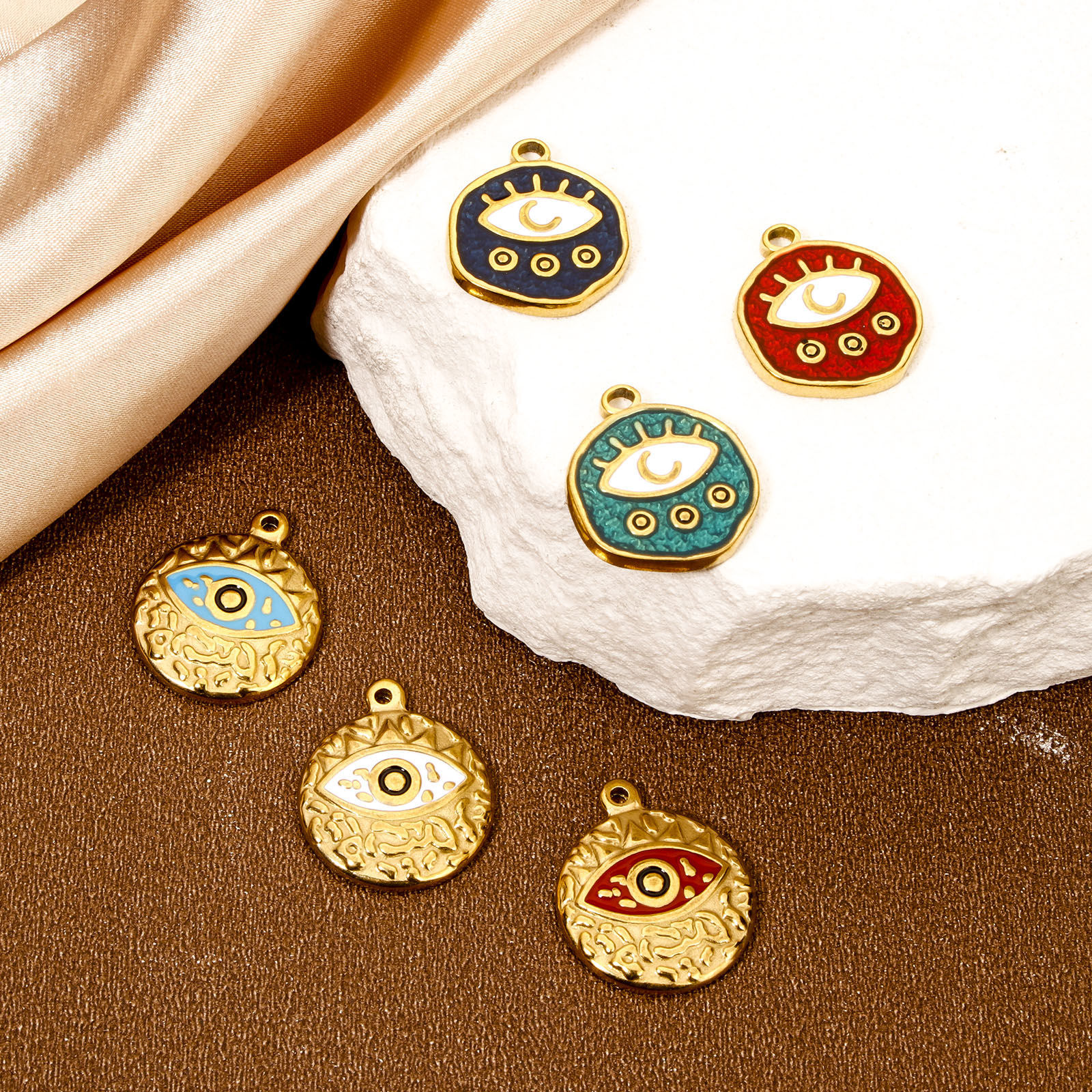 Picture of Eco-friendly Vacuum Plating 304 Stainless Steel Religious Charmes Gold Plated Round Evil Eye Enamel