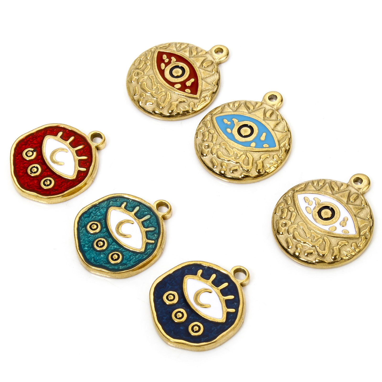 Picture of Eco-friendly Vacuum Plating 304 Stainless Steel Religious Charmes Gold Plated Round Evil Eye Enamel