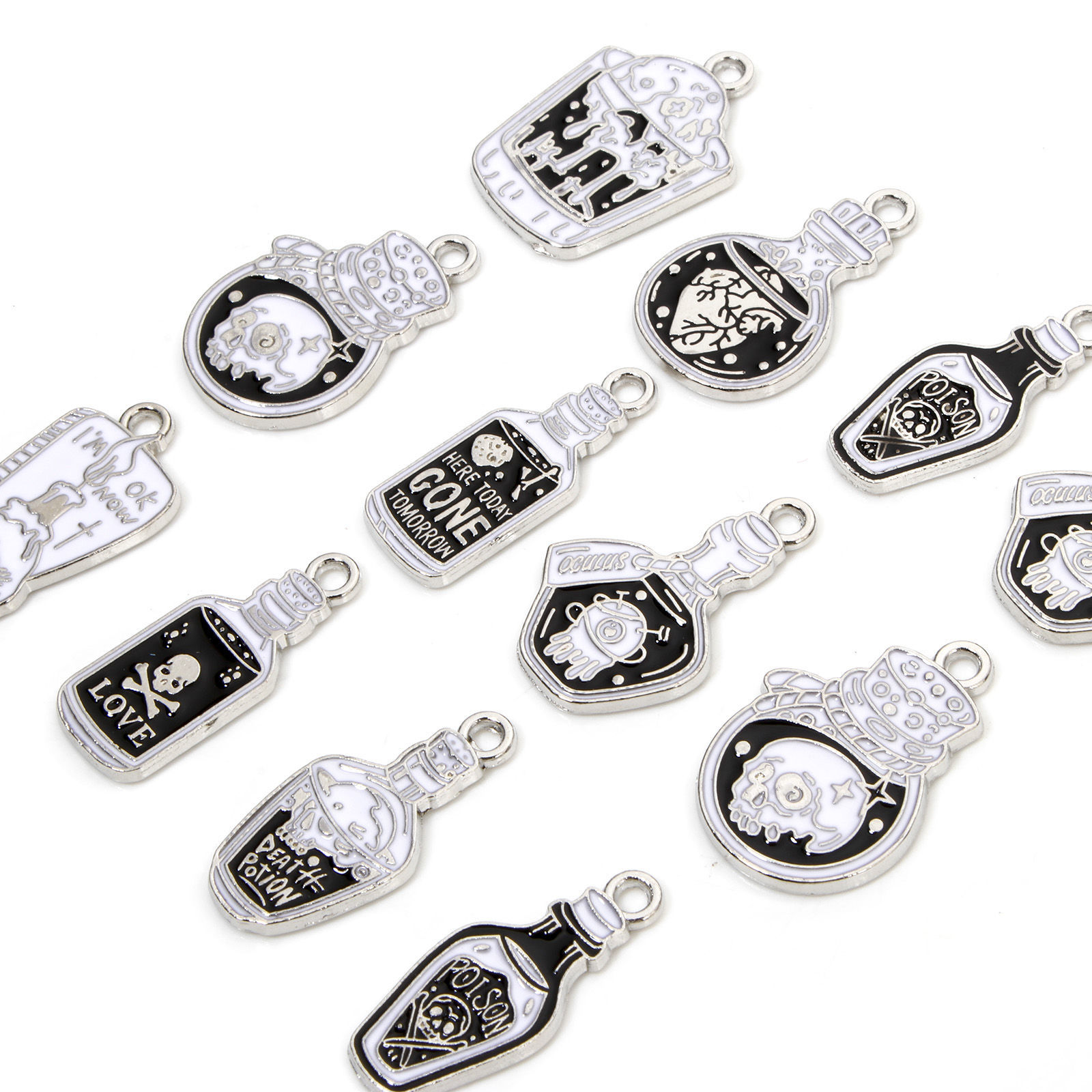 Picture of Zinc Based Alloy Halloween Charms Silver Tone Black & White Skull Enamel