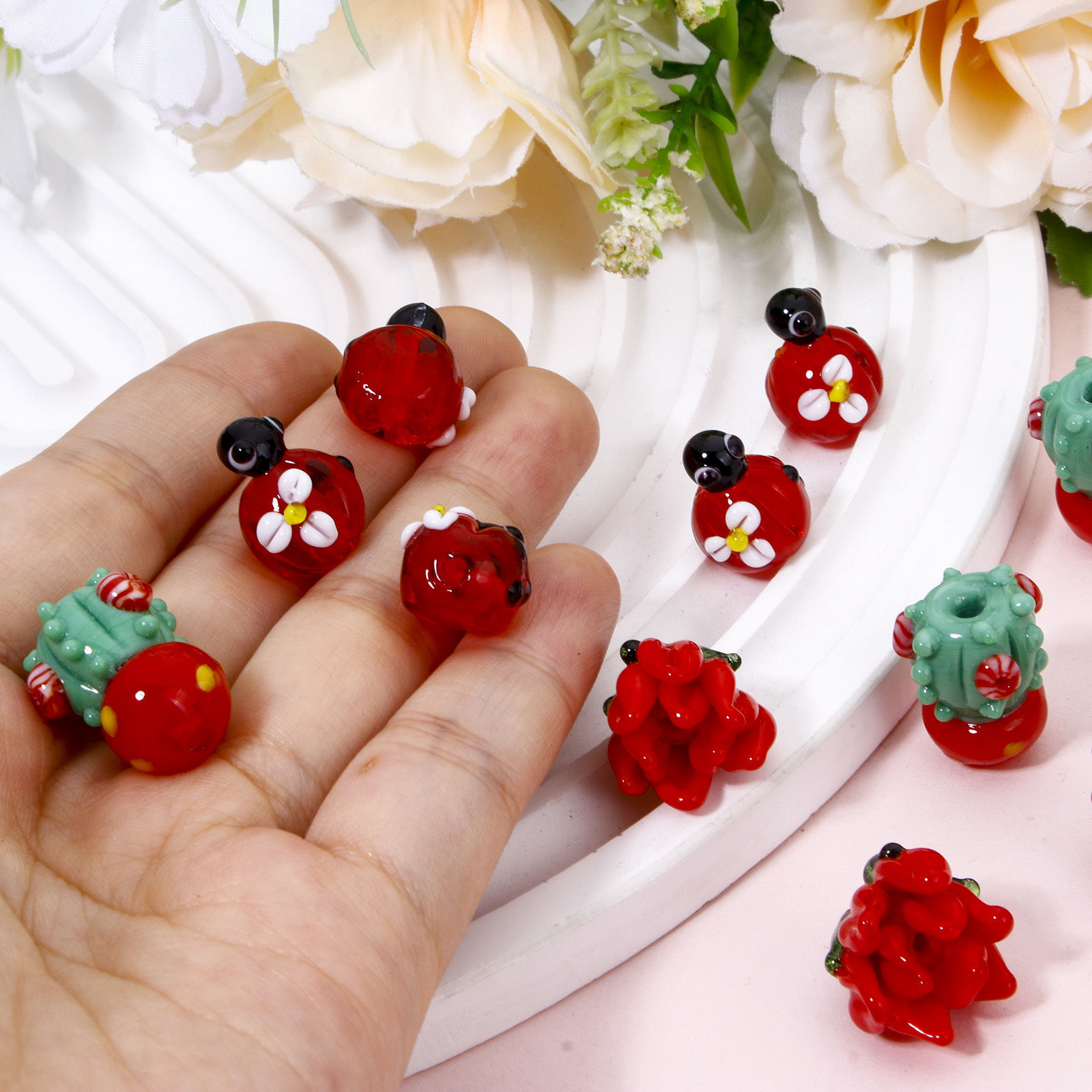 Picture of Lampwork Glass Flora Collection Beads For DIY Jewelry Making Cactus Multicolor Ladybird 3D
