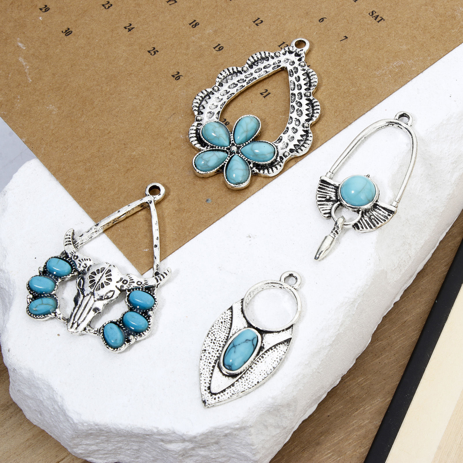 Picture of Zinc Based Alloy Boho Chic Bohemia Pendants Antique Silver Color With Resin Cabochons Imitation Turquoise