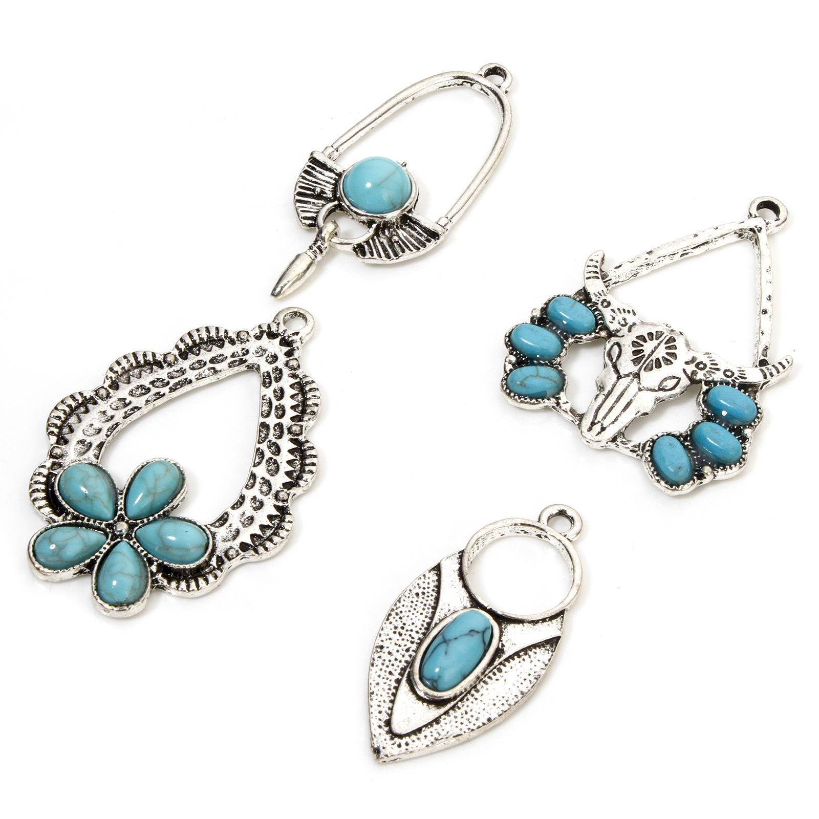 Picture of Zinc Based Alloy Boho Chic Bohemia Pendants Antique Silver Color With Resin Cabochons Imitation Turquoise