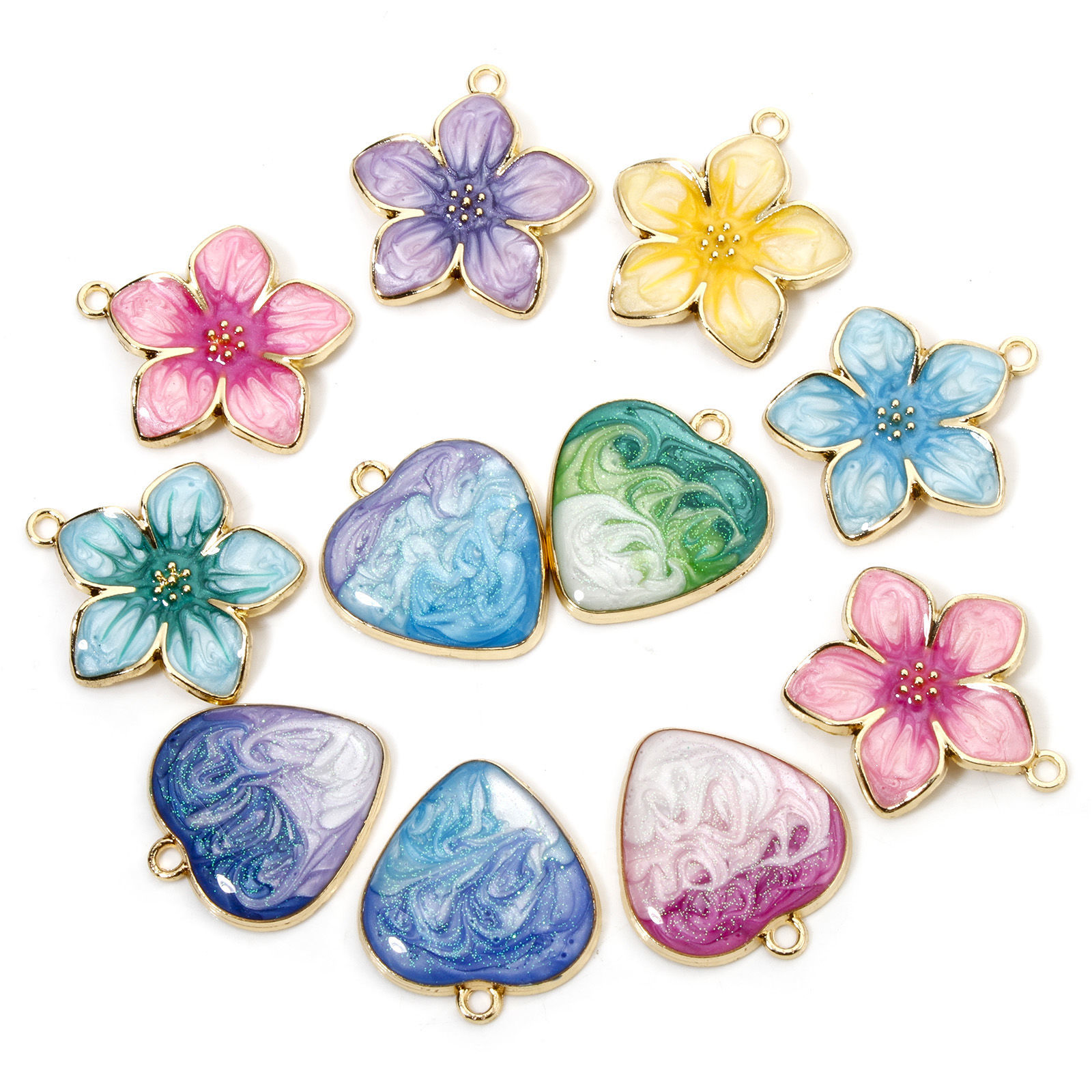 Picture of Zinc Based Alloy Charms Gold Plated Gradient Color Multicolor Pearlized Flower Heart Enamel