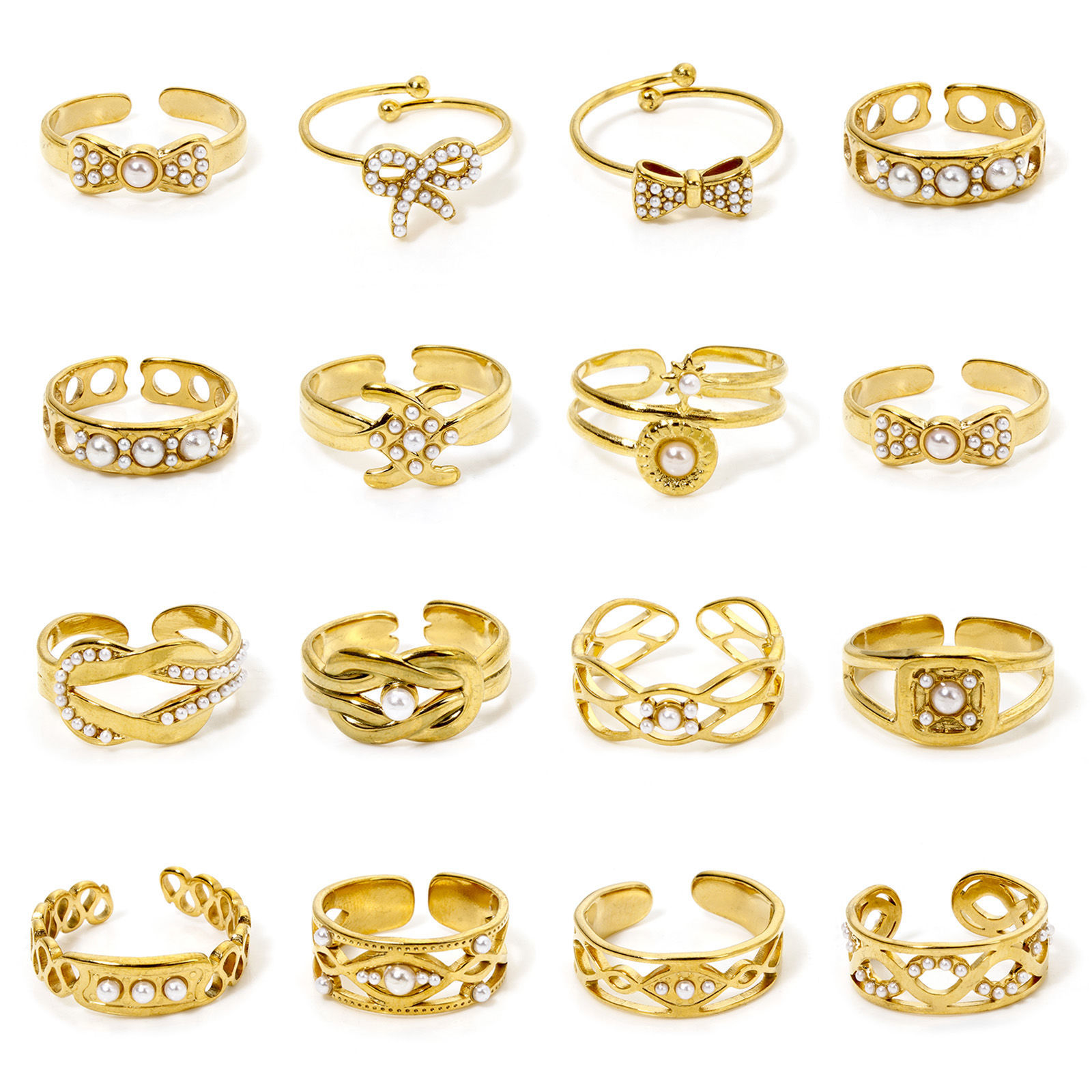 Picture of Vacuum Plating 304 Stainless Steel Open Rings 18K Gold Plated Acrylic Imitation Pearl